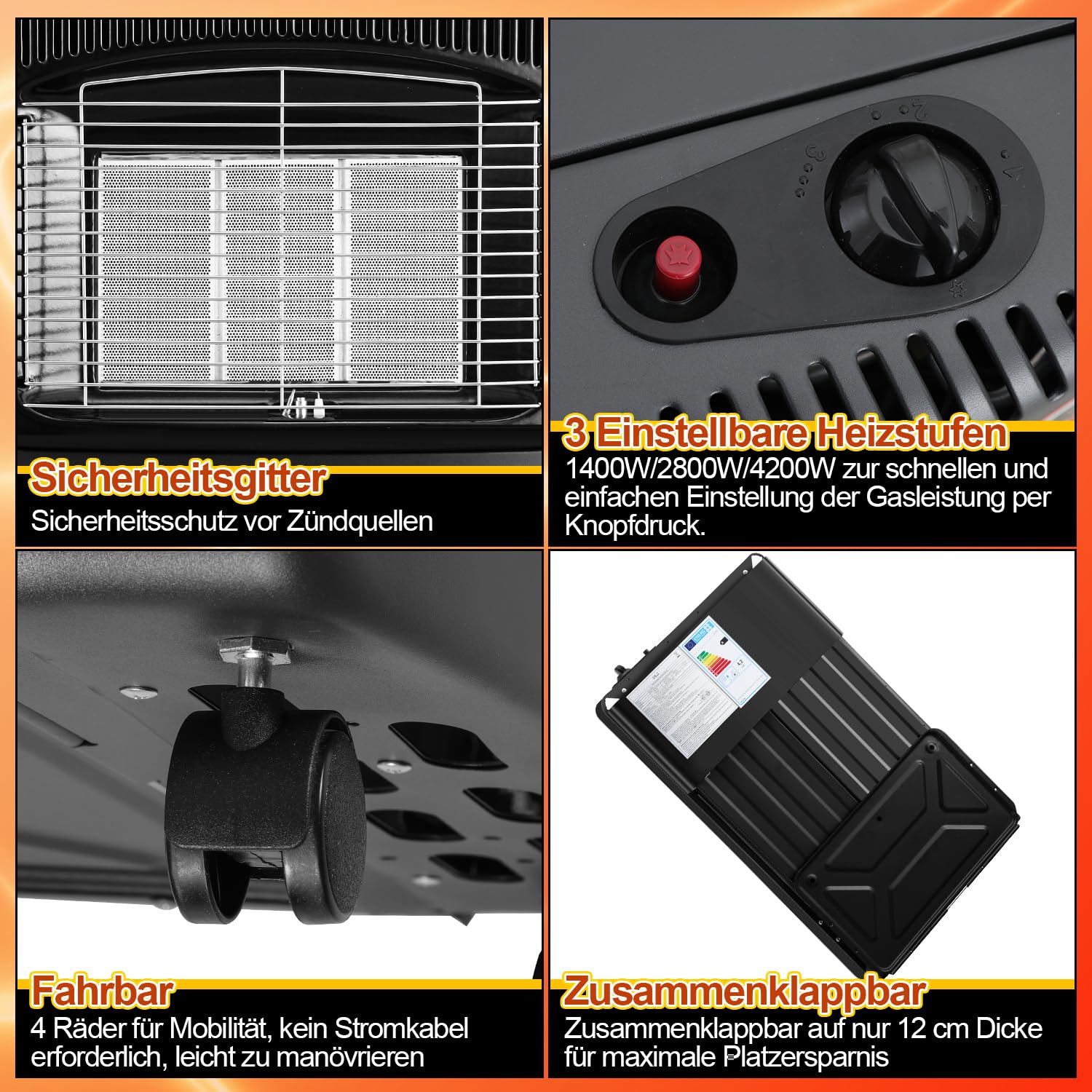 Gasheizofen 4,2 KW Gasheizgerät Faltbar Gasheizer mit Druckregler & Schlauch, inkl. Überhitzungsschutz und Kippschutz, ODS, Piezozünder, 305 g/h Gasverbrauch, Butan oder Propangasflaschen