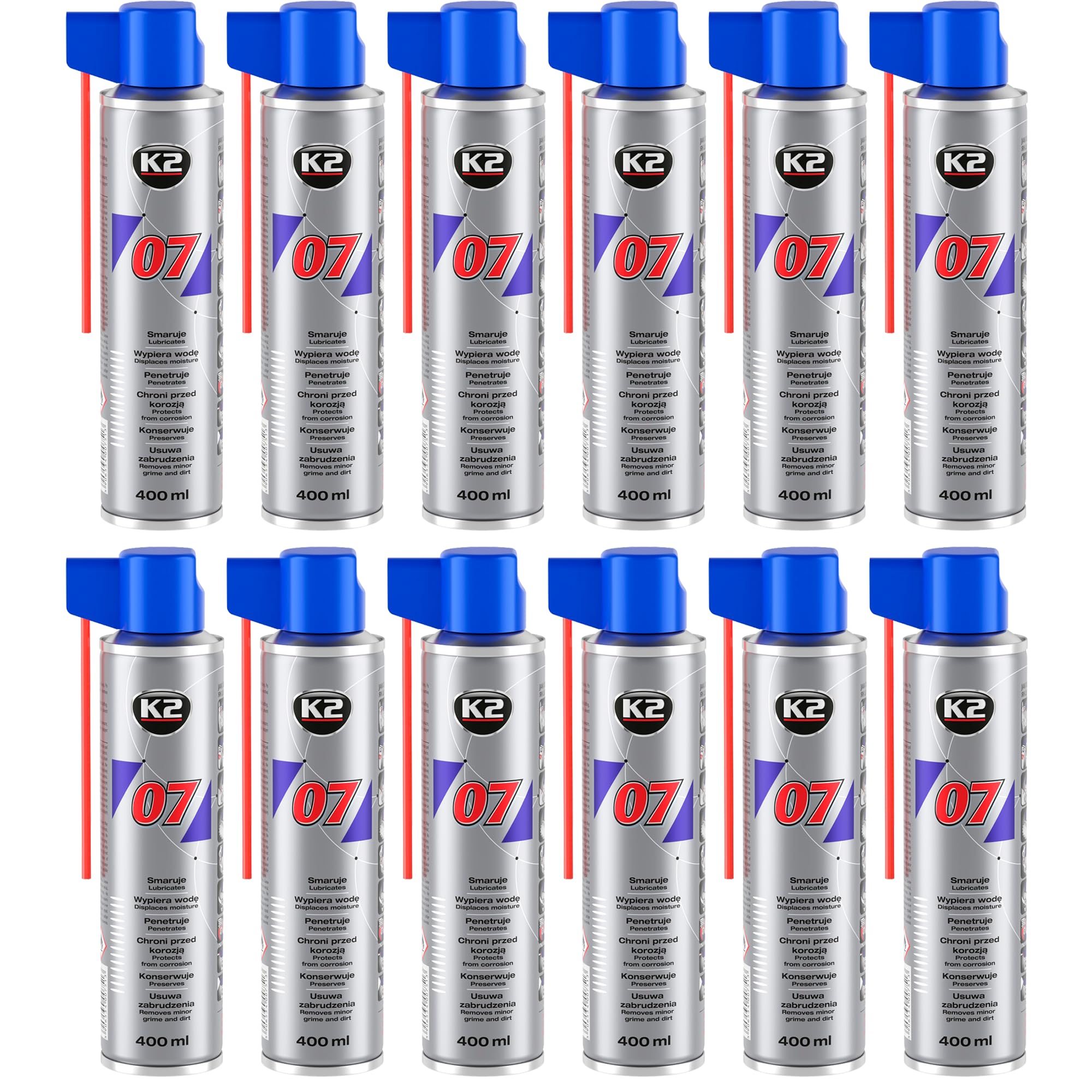 K2 Aceite Lubricante Multifuncional - Pack de 12 Grasa para Liberar Conexiones, Piezas Atascadas y Oxidadas - Evita la Formación de Corrosión - Grasa Lubricante Multiusos Spray 400 ml
