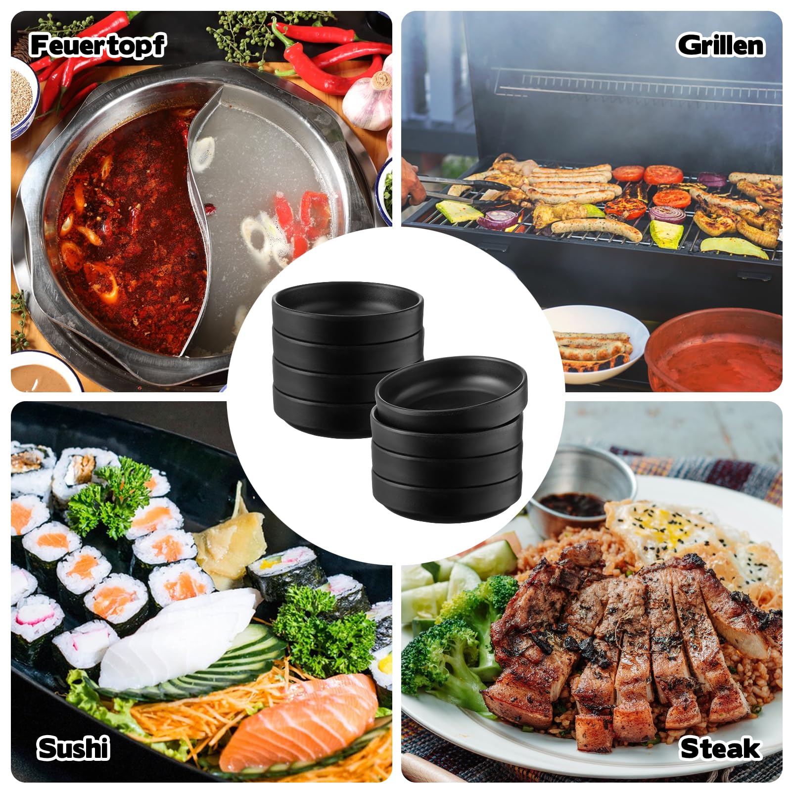 10 Stück Dipschalen Set, Dip Schälchen Set Schwarz 8,7 x 2,5 cm Melamin Rund Kleine Schalen Saucenschälchen Stapelbar für Sushi Sojasauce Ketchup Gewürze Snack BBQ, Schwarz