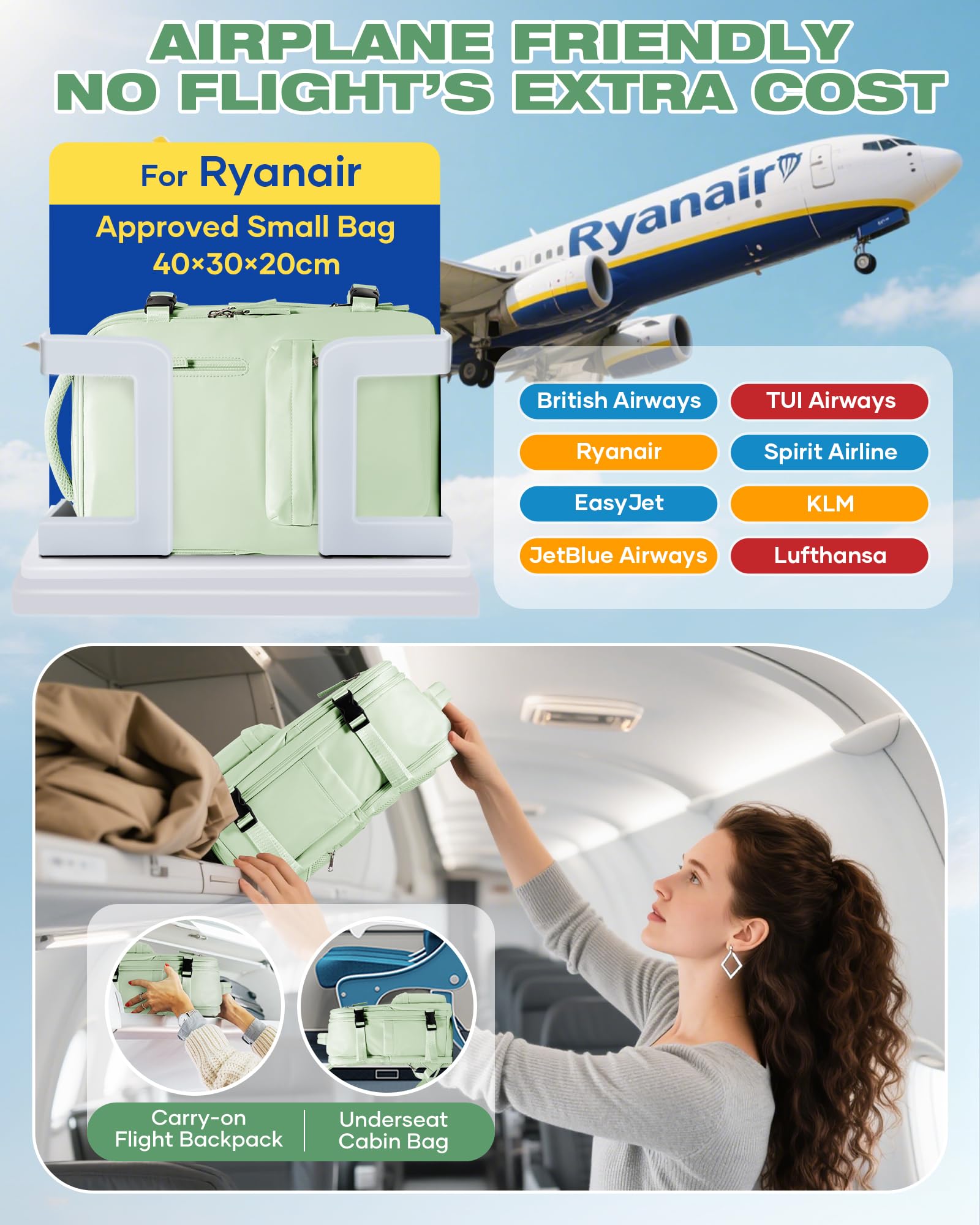 SZLX Zaino Ryanair 40x30x20 Sottovuoto con pompa Zaino Ryanair 40x20x25 Sottovuoto Bagaglio a Mano 40x30x20 Wizzair Zaino da Viaggio 45x36x20 Easyjet Donna Zaino Casual Laptop 14 Pollici Impermeabile