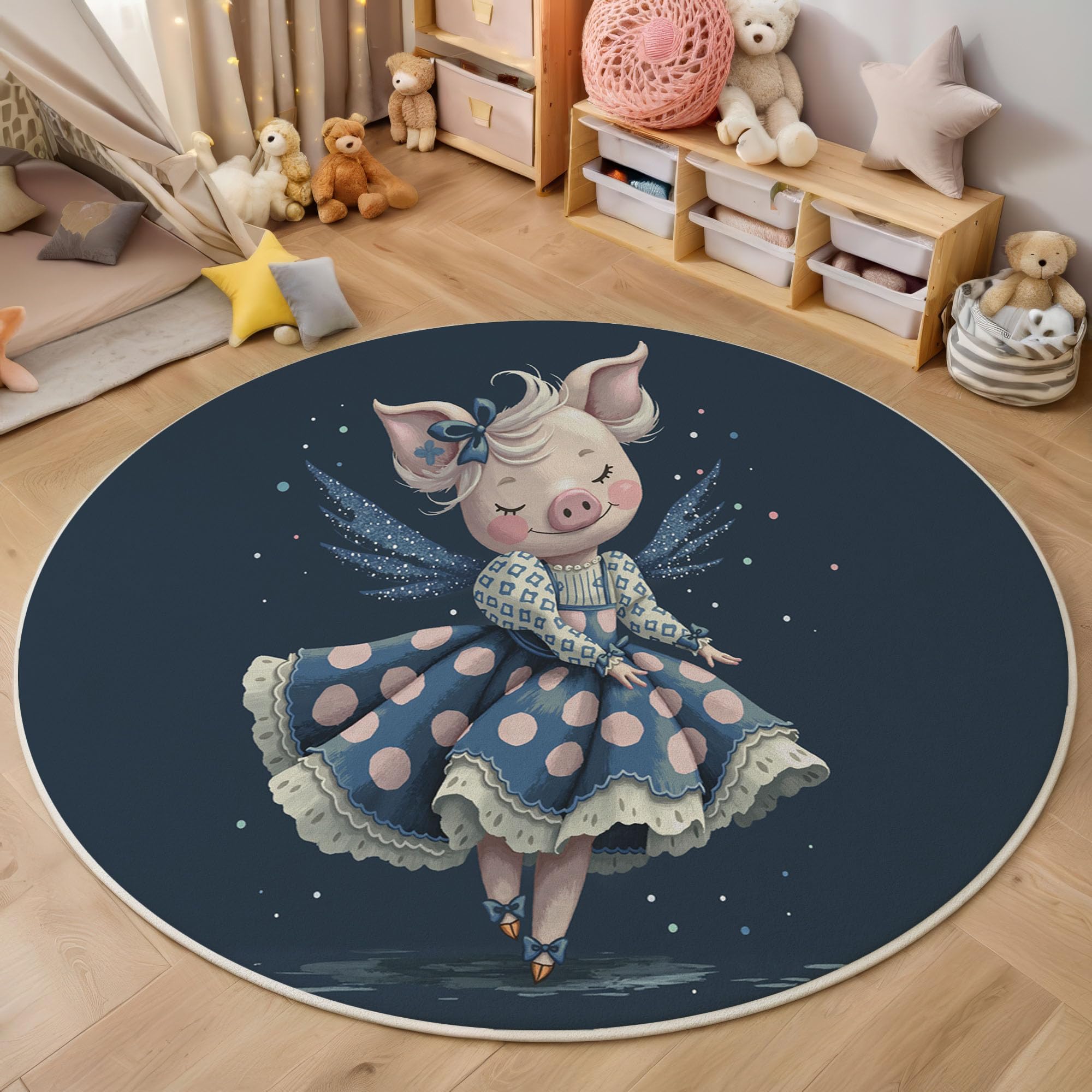 Tapis Salon Rond Diamètre 160cm, Dessin animé Fantastique Cochon en Jupe, Tapis Doux Antidérapant pour Décoration Salle à Manger Chambre Canapé Cuisine Chambre d'enfant, Bleu foncé