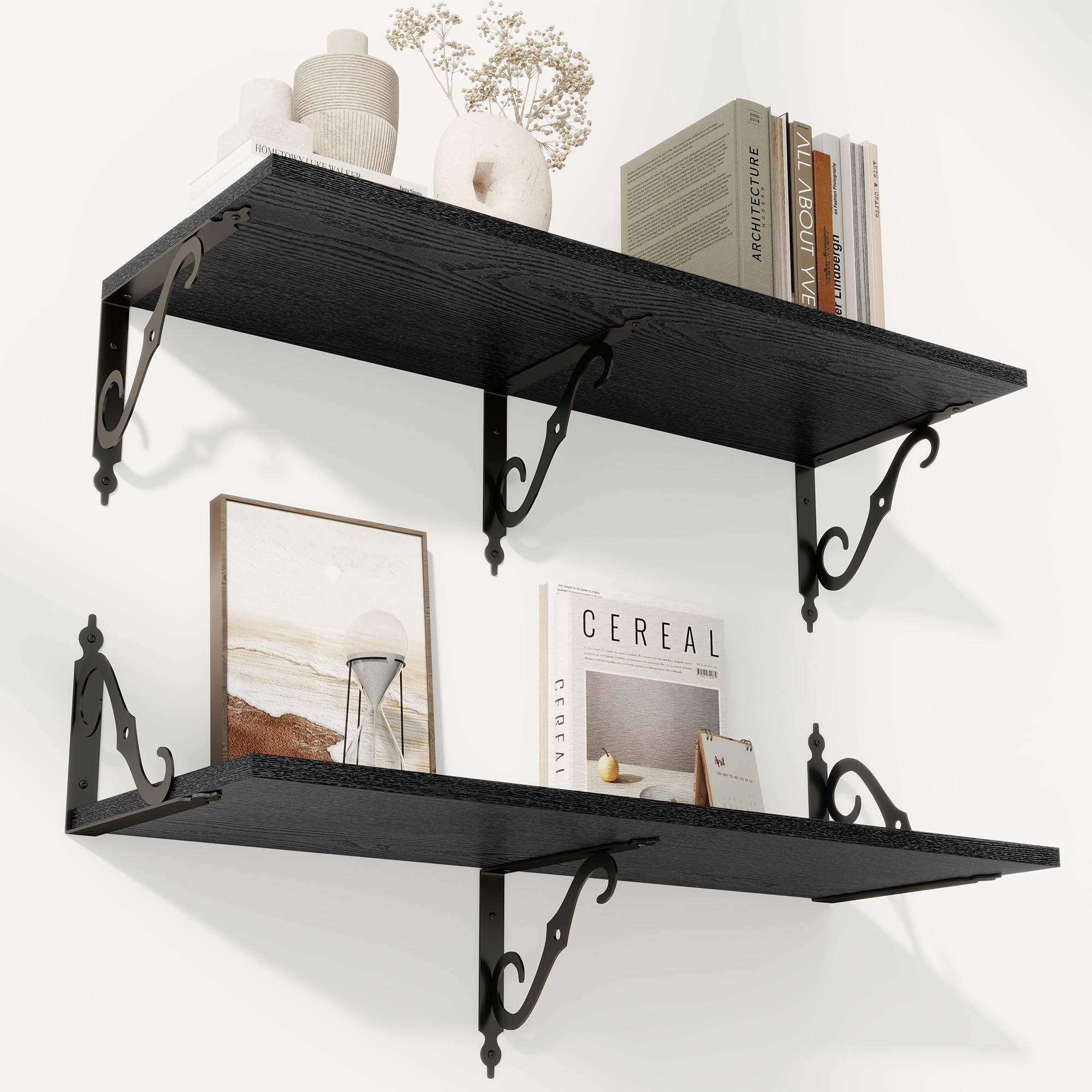 RICHFOCUS 12 Inch Deep Floating Shelves for Wall, 31.5" W x 12" D Black Wood Wall Shelves Set of 2