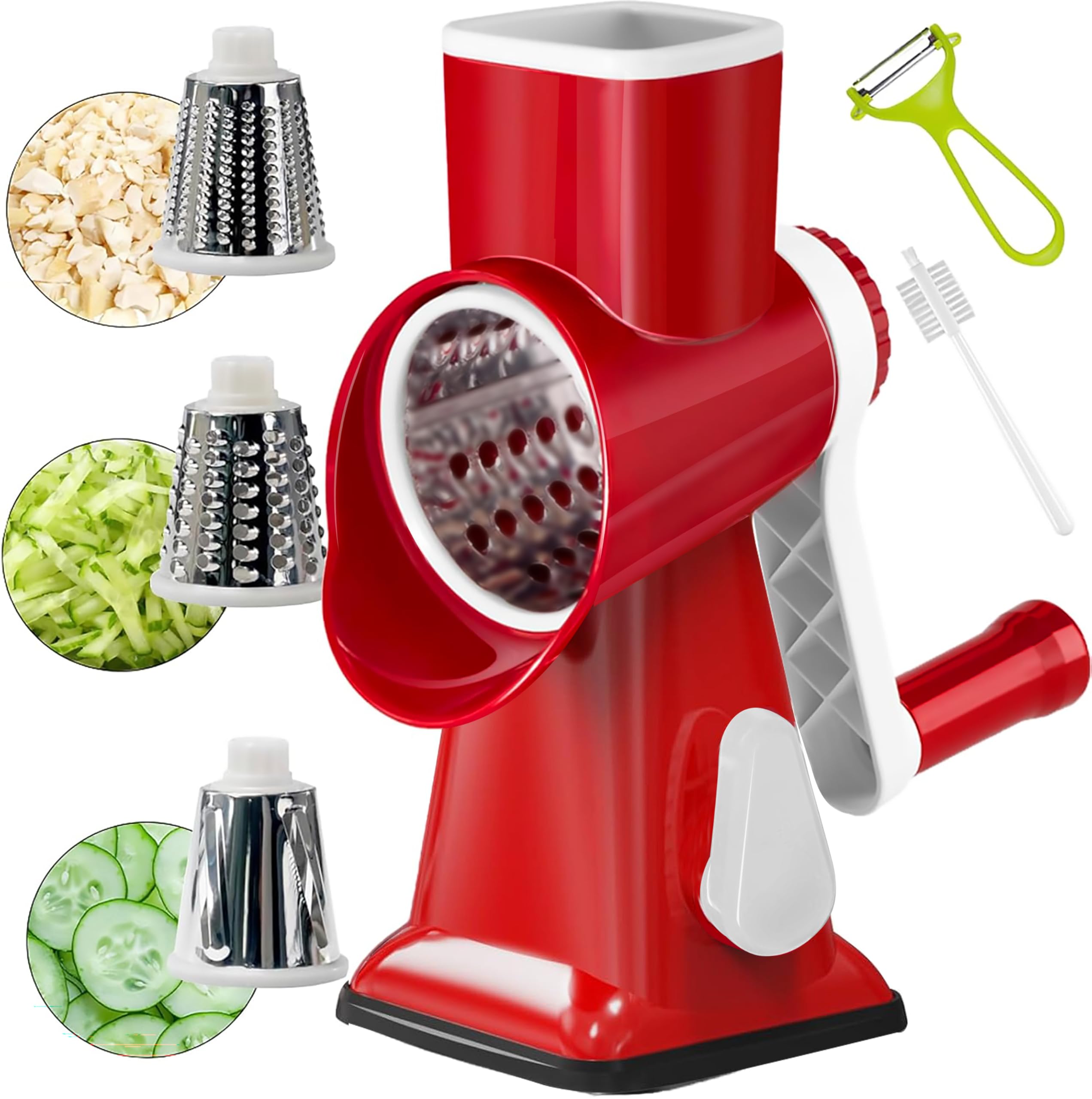 Rotary Cheese Grater Multi-Purpose Stainless Steel Cheese Shredder - Cheese Grater With Handle Effortless Grating of Carrots, Potatoes, Vegetables, and Fruits (Red)