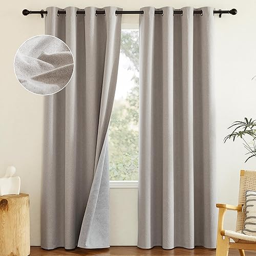 NICETOWN Natural 100% Blackout Faux Linen Curtains 84 inch Long Burg for Bedroom, 1 Pair, 52" Width Each Panel, Farmhouse Thick Completely Blackout Window Treatment Thermal Insulated Drapes