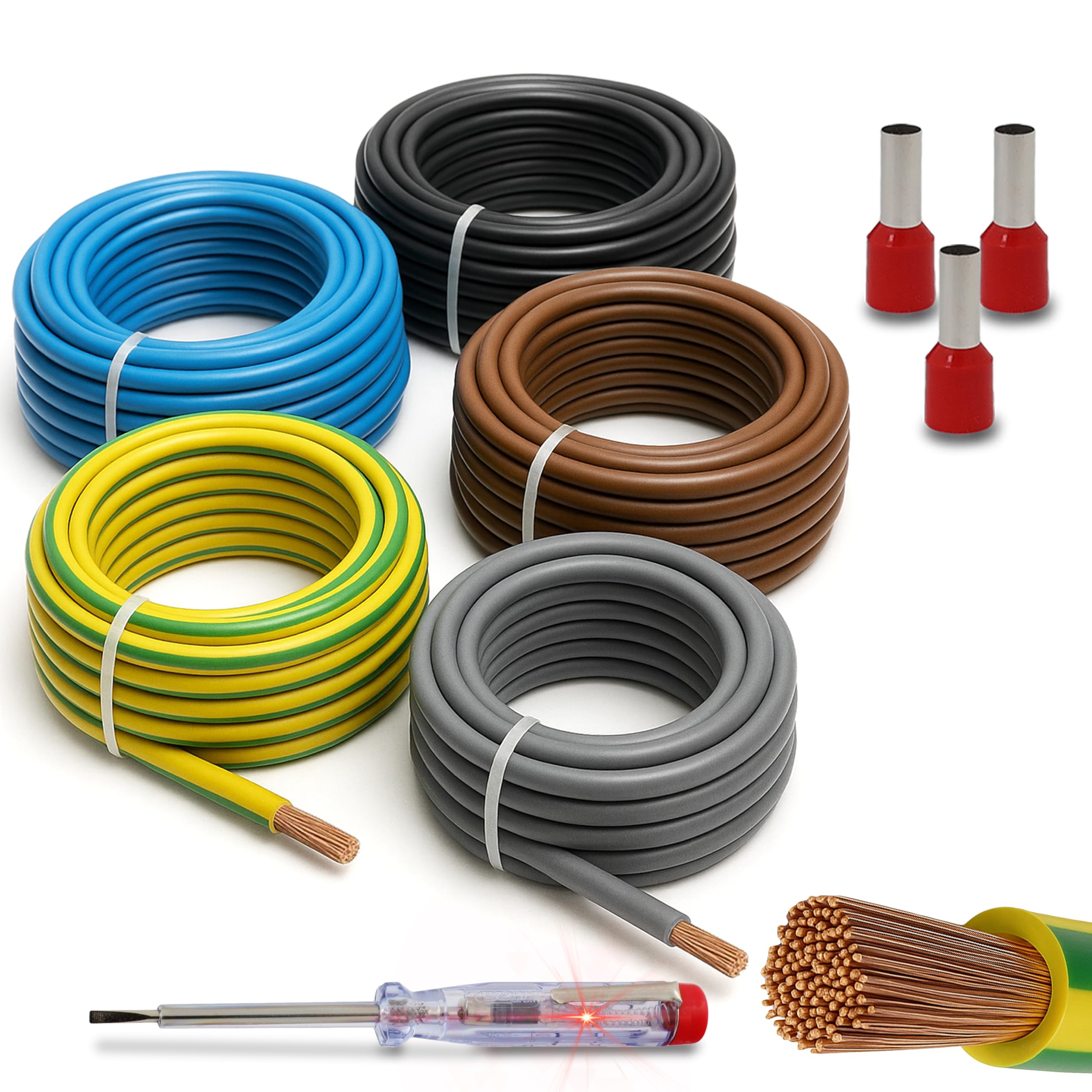 Zestaw okablowania 10 mm² H07V-K przewód żyłowy elastyczny zestaw 5 x 10 m wraz z 100 tulejkami kablowymi przewód kablowy idealny do licznika, przewodów uziemiających i mostów okablowania