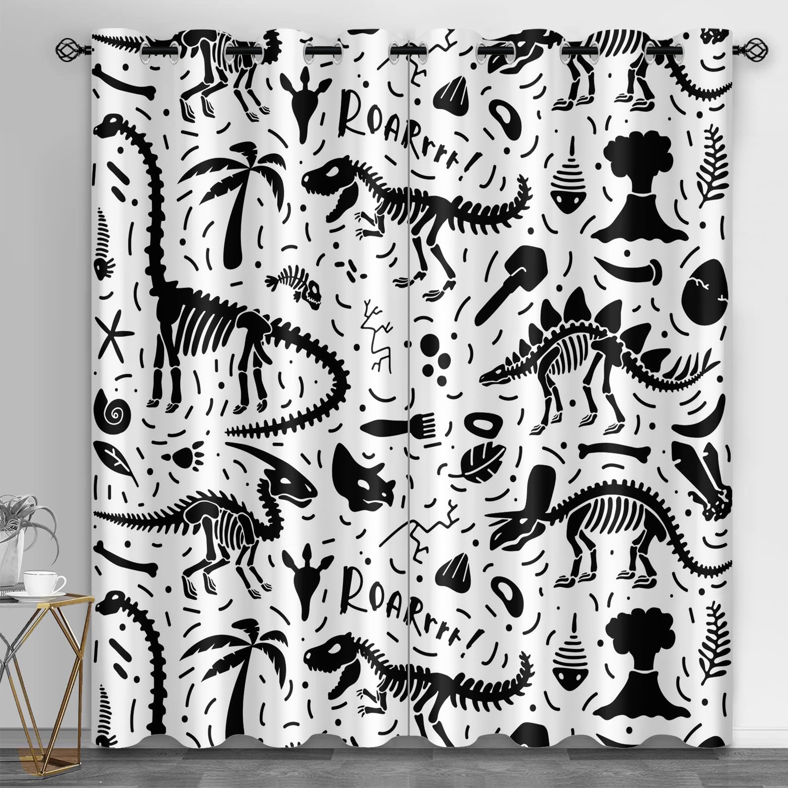 Cartoon Dinosaur Curtains, Black Dinosaur Skeleton Pattern Kids Room Curtains, Primitive Animal Bones Print 2 Panels Privacy Protect Blackout Drapes for Bedroom Decor Drapes-31 W X 72