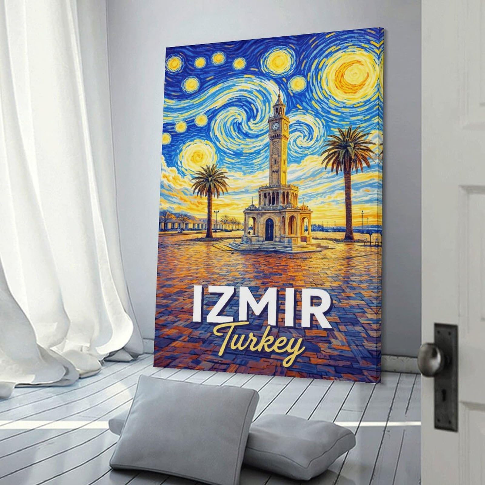 Junmoney Izmir Turkey Starry Night Decorative Wall Artwork 24x36inch(60x90cm), for New Homes, Bedrooms Or Workspaces, A Wall Art Gift for Fresh Interiors