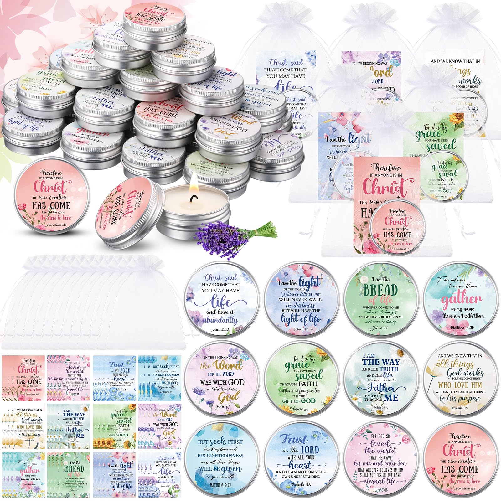 48 Pack Bible Verse Scented Candle with Scripture Cards Gift Bags, 0.3 oz Mini Candle Party Favor Christian Gifts for Baby Shower Guest Wedding Church Women Mother's Day(Floral,Colorful)