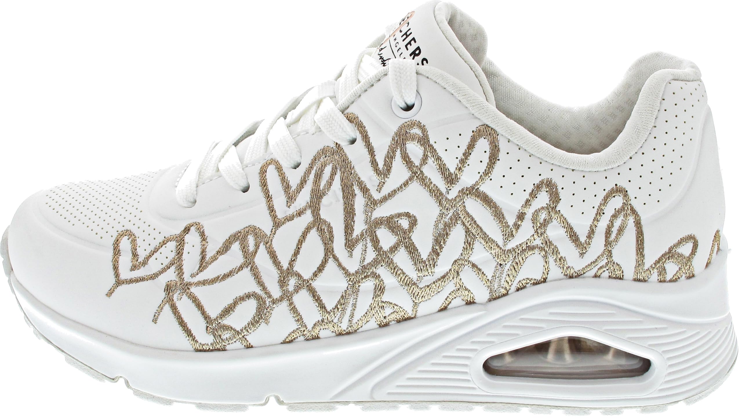 Skechers Women's Uno Golden Heart Sneaker, White Durabuck/Rose Gold Mylar Embroidery, 5.5 UK