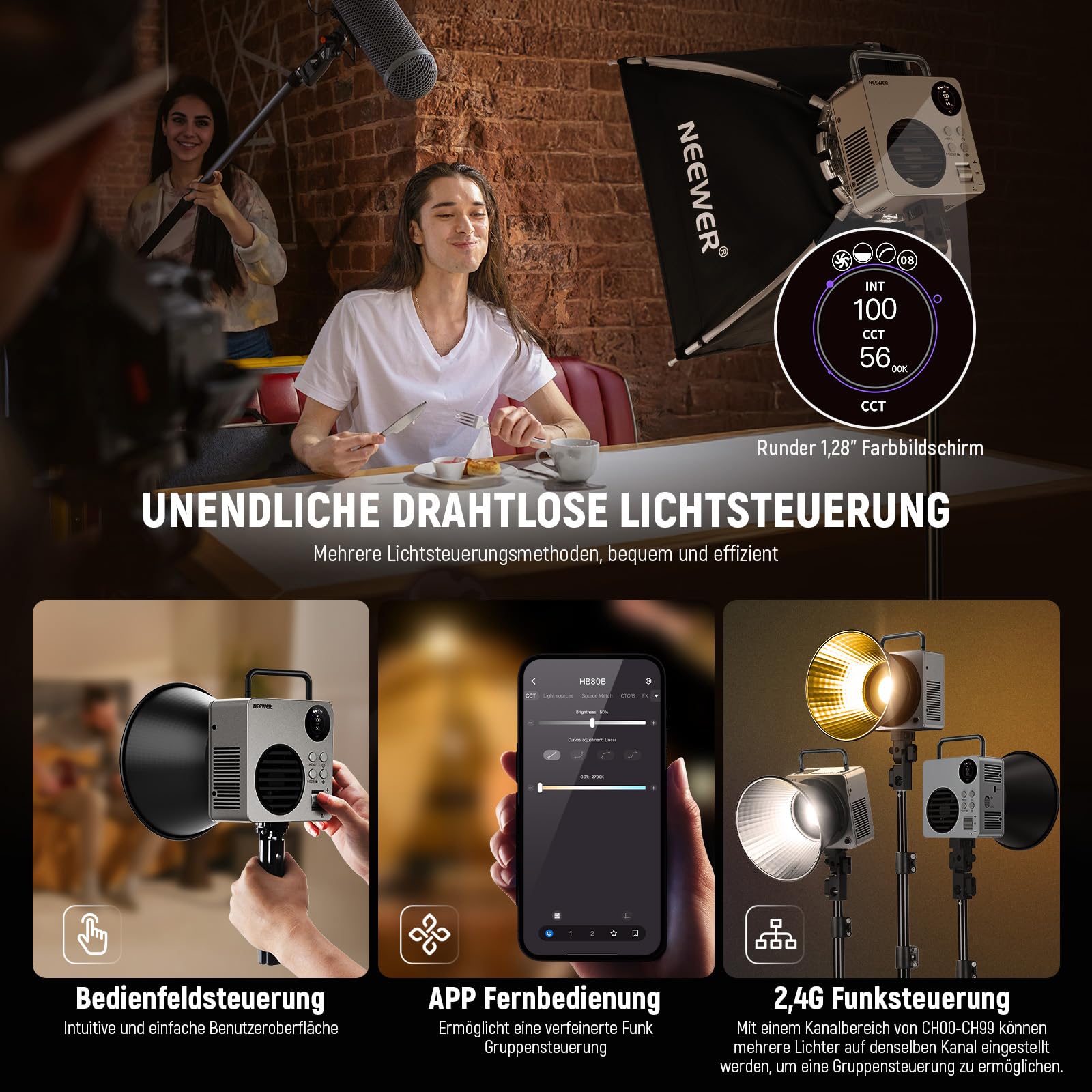NEEWER 80W LED Videolicht mit 72Wh Akku und 100W PD Adapter APP/2.4G Steuerung Tragbares zweifarbiges Mini COB Studio Dauerlicht 25500lx/1m 2700-6500K 0-100% Dimmen CRI95+ 13 Szenen, HB80B