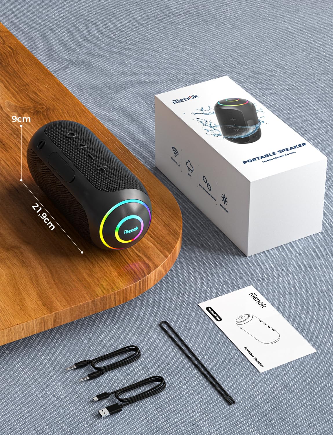 RIENOK Cassa Bluetooth Portatile Potente 40W IPX7 Impermeabile, 30 Ore di Autonomia, Altoparlante Bluetooth Doppie Trombe, Vero Stereo Senza Fili, Luce LED, Supporto Scheda TF & AUX