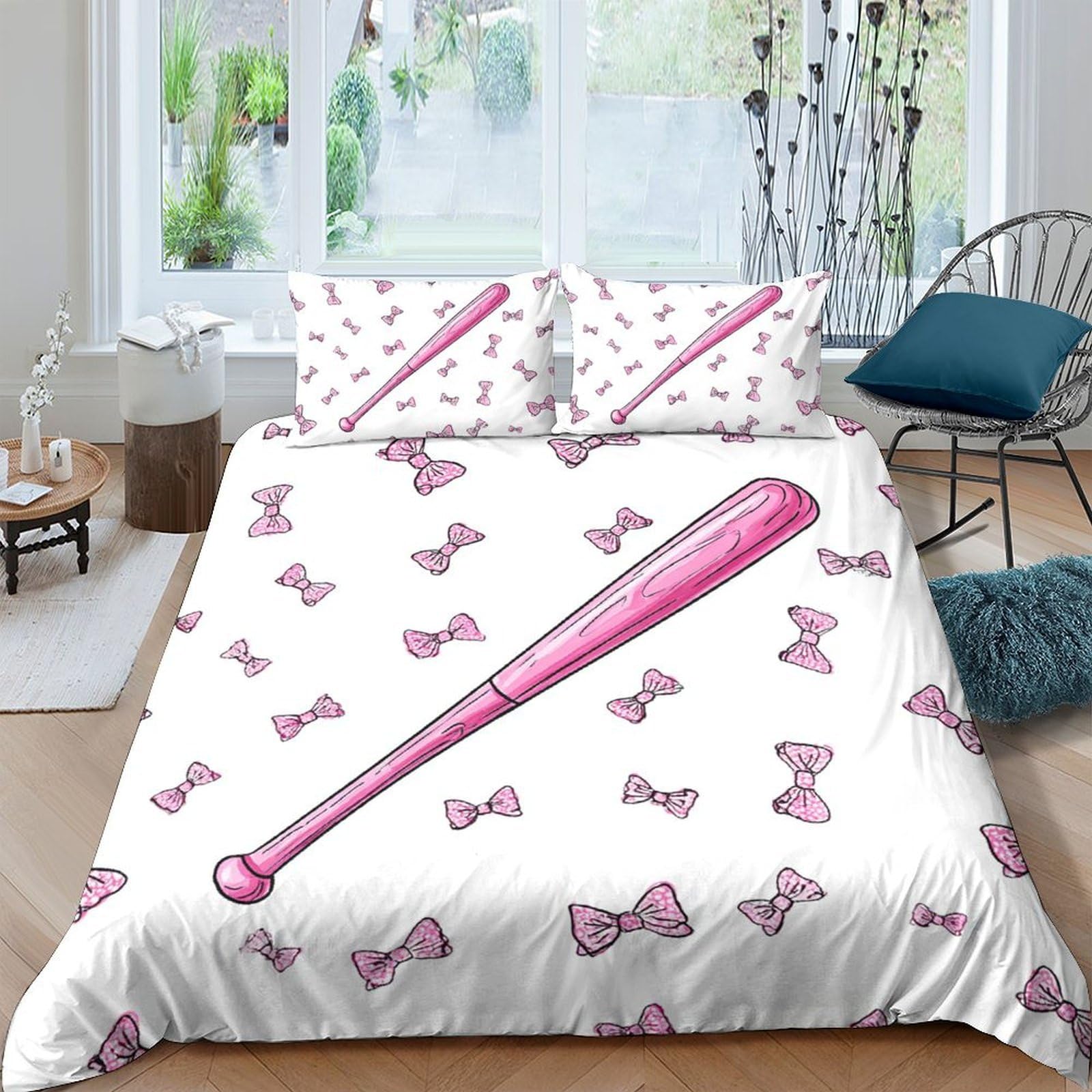 TUFRTGYHN 3D Printed Pink Baseball Bat Duvet Cover Microfiber Soft Bow Bedding Set with 2 Pillowcases for Bedroom Decor Single（135x200cm）