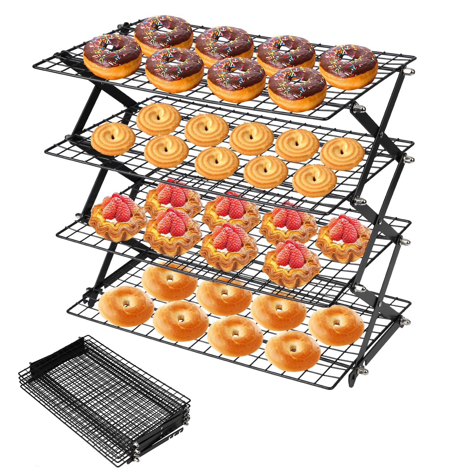4 Plantas Rejilla para Enfriar Pasteles, Apilable Rejilla para Horno | Plegable Rejilla para Enfriar Repostería, Reutilizable Cooling Rack para Asar, Hornear, Parrilla, Enfriar y Refrigerar