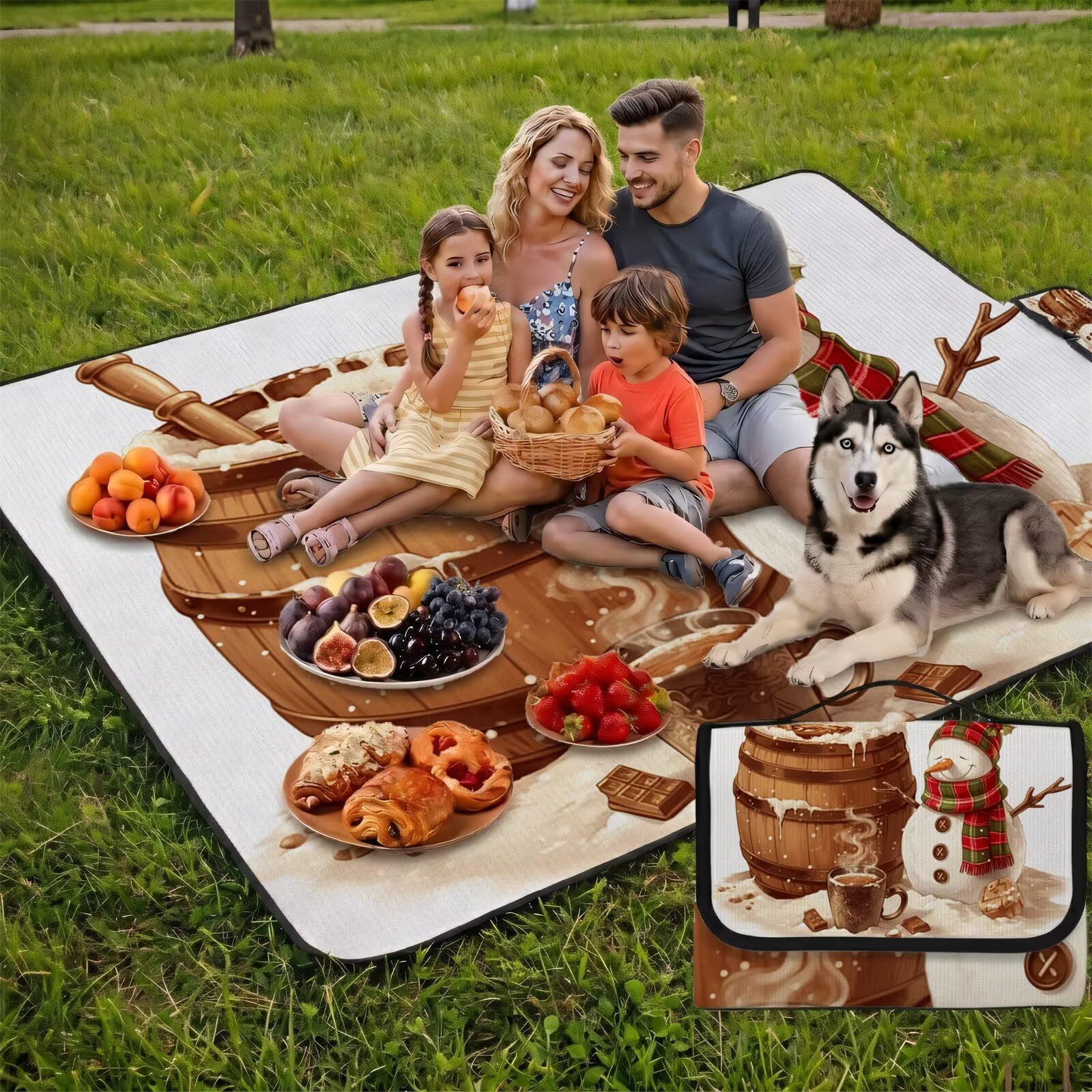 Coperta de Picnic Grande 200x200 cm, Natale Manta Picnic Impermeable Anti-Sabbia Manta de Playa Pieghevole, Outdoor Picnic Blanket per Spiaggia, Camping, Giardino, Trekking - pupazzo di neve FZ-32