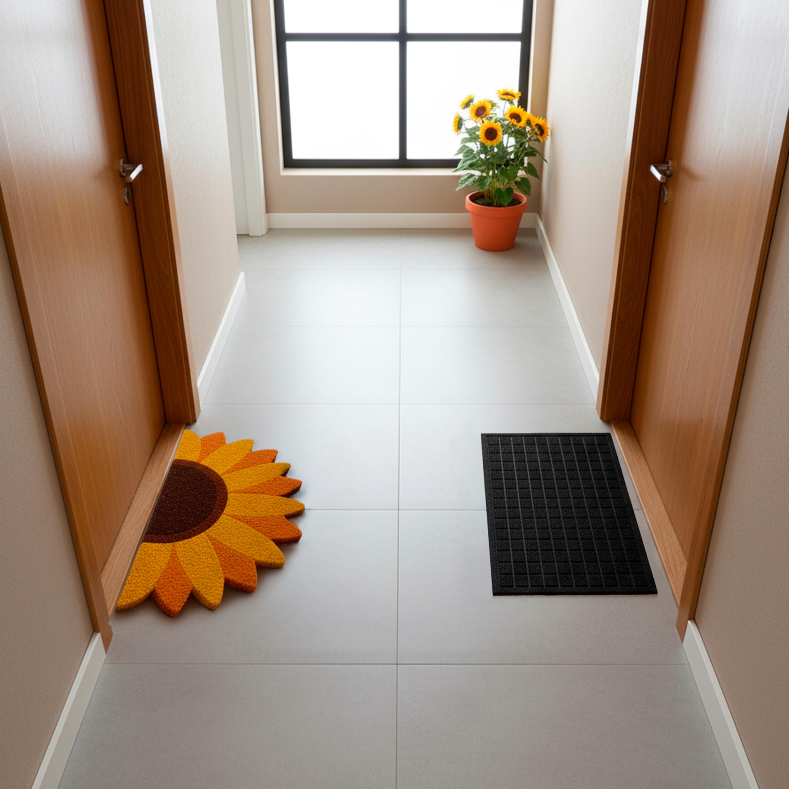 Fisura - Zerbino ingresso casa in cocco "girasole" con supporto antiscivolo in PVC. Zerbino dalla forma originale. Dimensioni: 70 cm x 40 cm x 1,5 cm. Giallo.