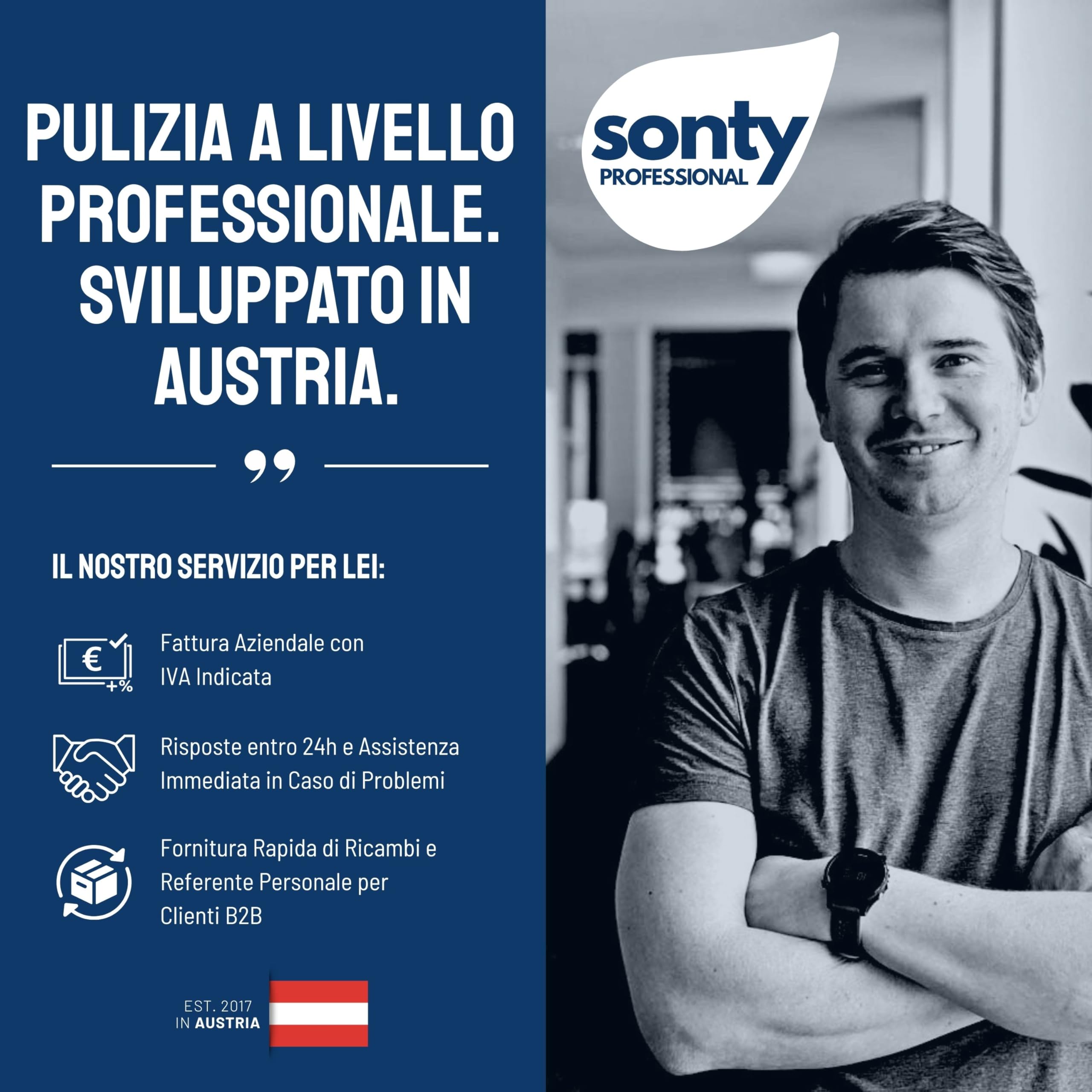 SONTY Mop professionale 40 cm set 2 pezzi – Lavapavimenti con supporto magnetico, panni microfibra 40 cm & manici telescopici in alluminio | Per pulizie professionali & pavimenti duri