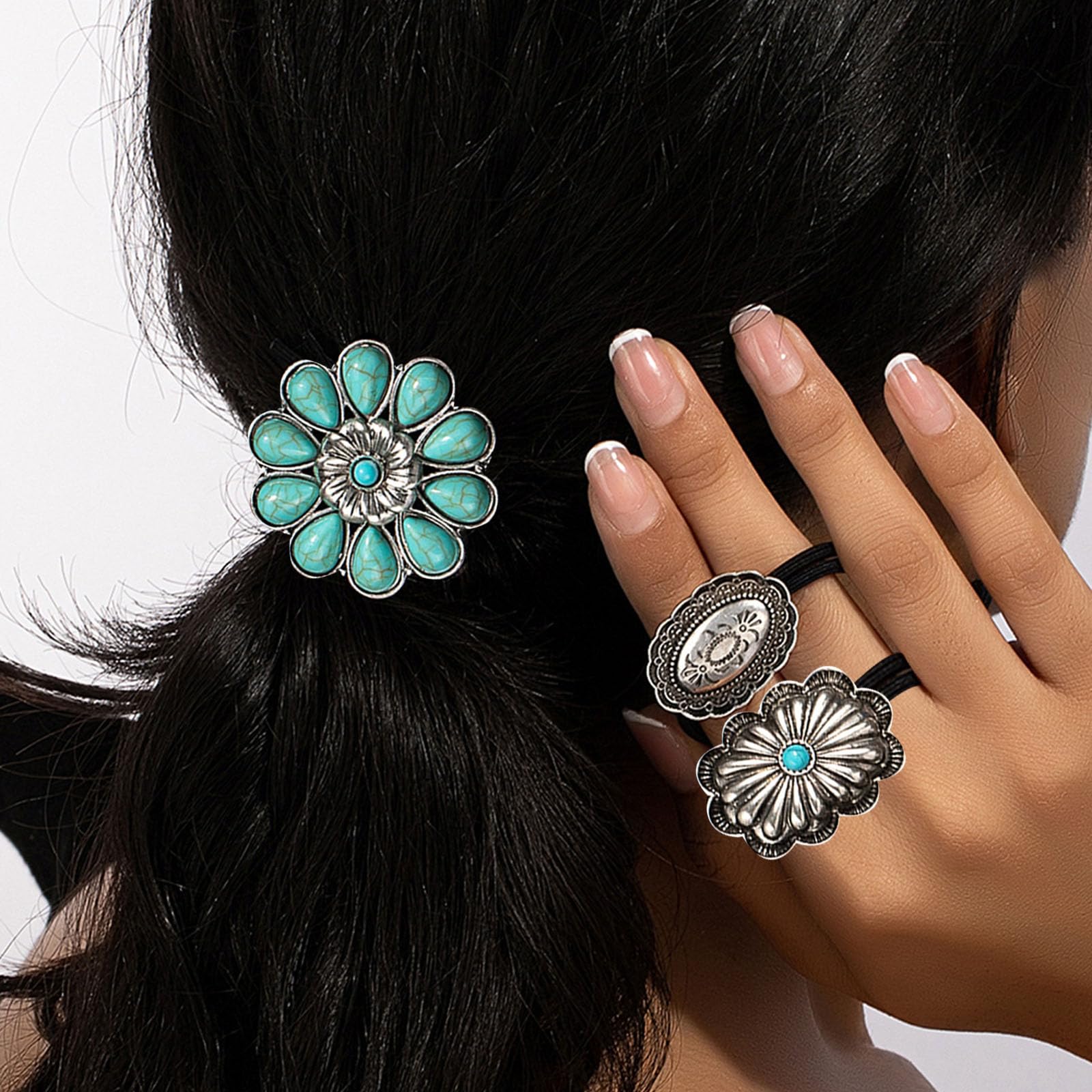 KOVOLITU Squash Blossom Hair Ties Western Turquoise Decorative Ponytail Holder Bohemian Elastics Hair Accessories(Type B)