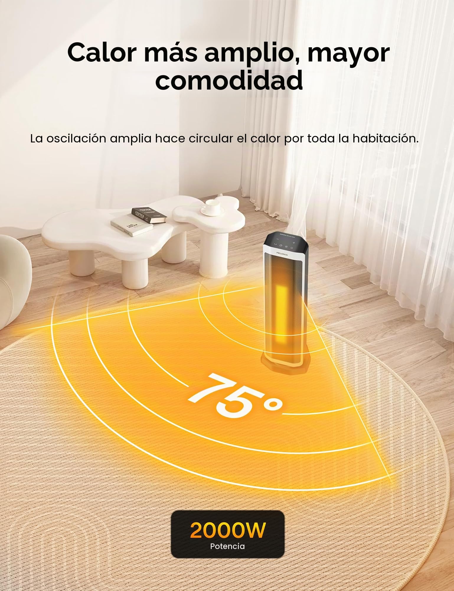 PELONIS Calefacción eléctrica 2 en 1, 2000 W, con control remoto, ahorro energético, calentador de cerámica portátil, oscilación de 75 grados, termostato ajustable, inclinación y