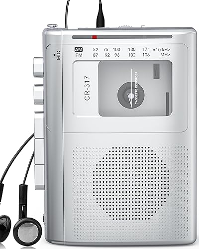 Grabadora de casete con transmisor Bluetooth, Walkman, reproductor de cassette AM FM portátil con altavoz grande, conector estéreo para auriculares,