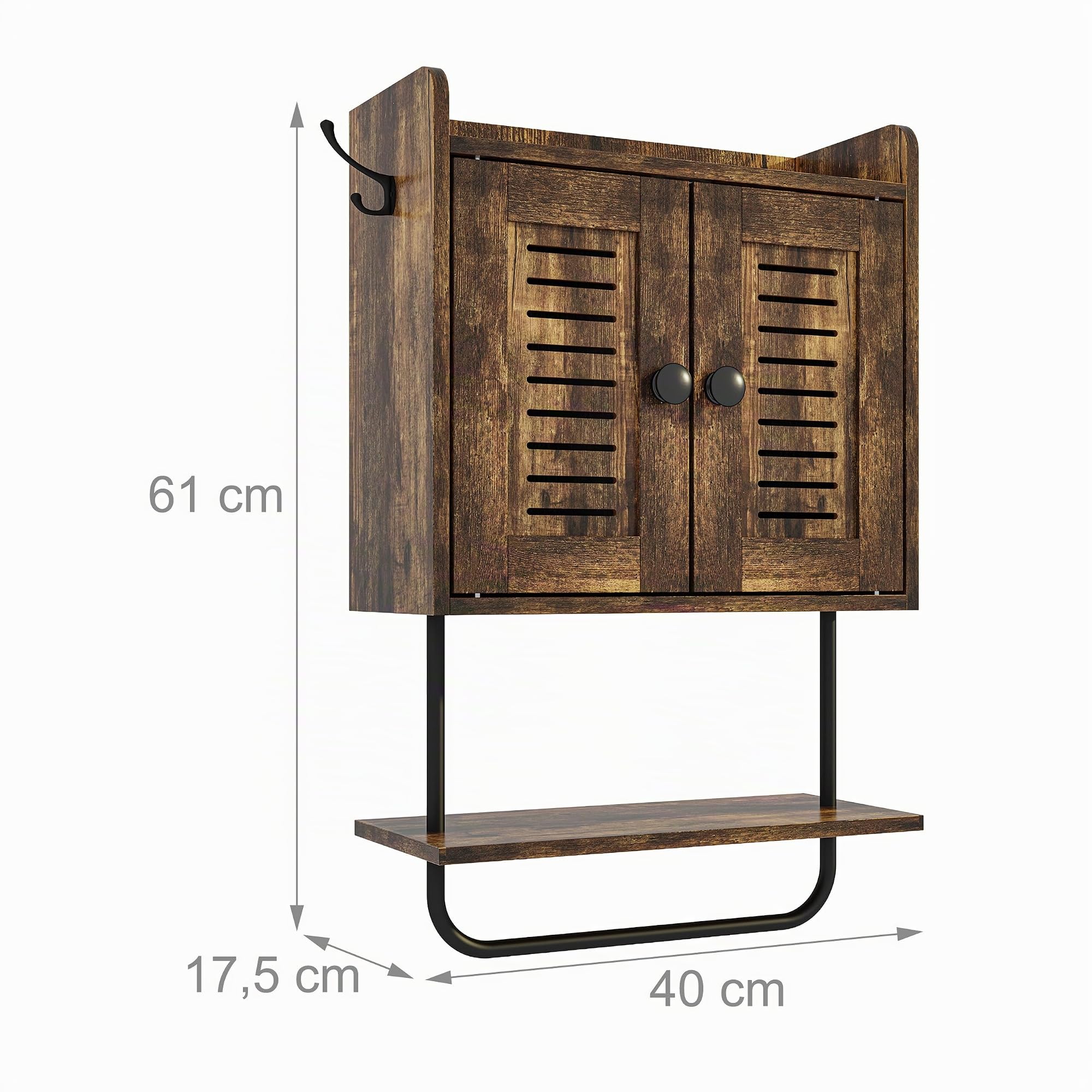 Relaxdays Armadio sospeso, porta asciugamani, 2 ganci doppi, 2 ripiani, ante, H x L x P: 61 x 40 x 17,5 cm, marrone