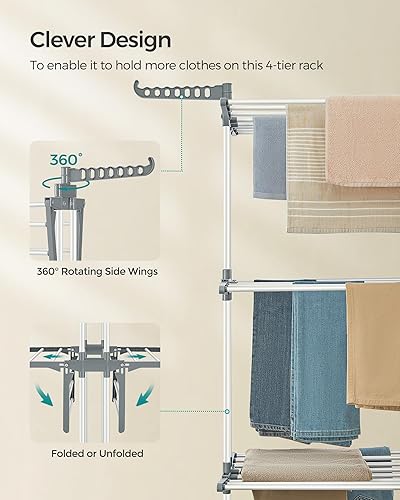 Miniatura 6 de SONGMICS Soporte de secado de ropa de 4 niveles, estante de secado de ropa plegable de 67.7 pulgadas de alto, acero inoxidable, estante de secado de