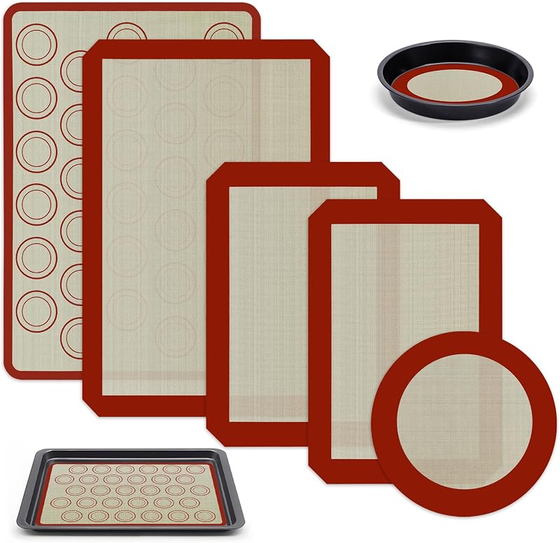 5 Pezzi Tappetini da Forno in Silicone Antiaderente Riutilizzabili – Carta Forno in Silicone per Biscotti, Dolci e Pasticceria, Resistenti fino a 250°C, Diverse Misure