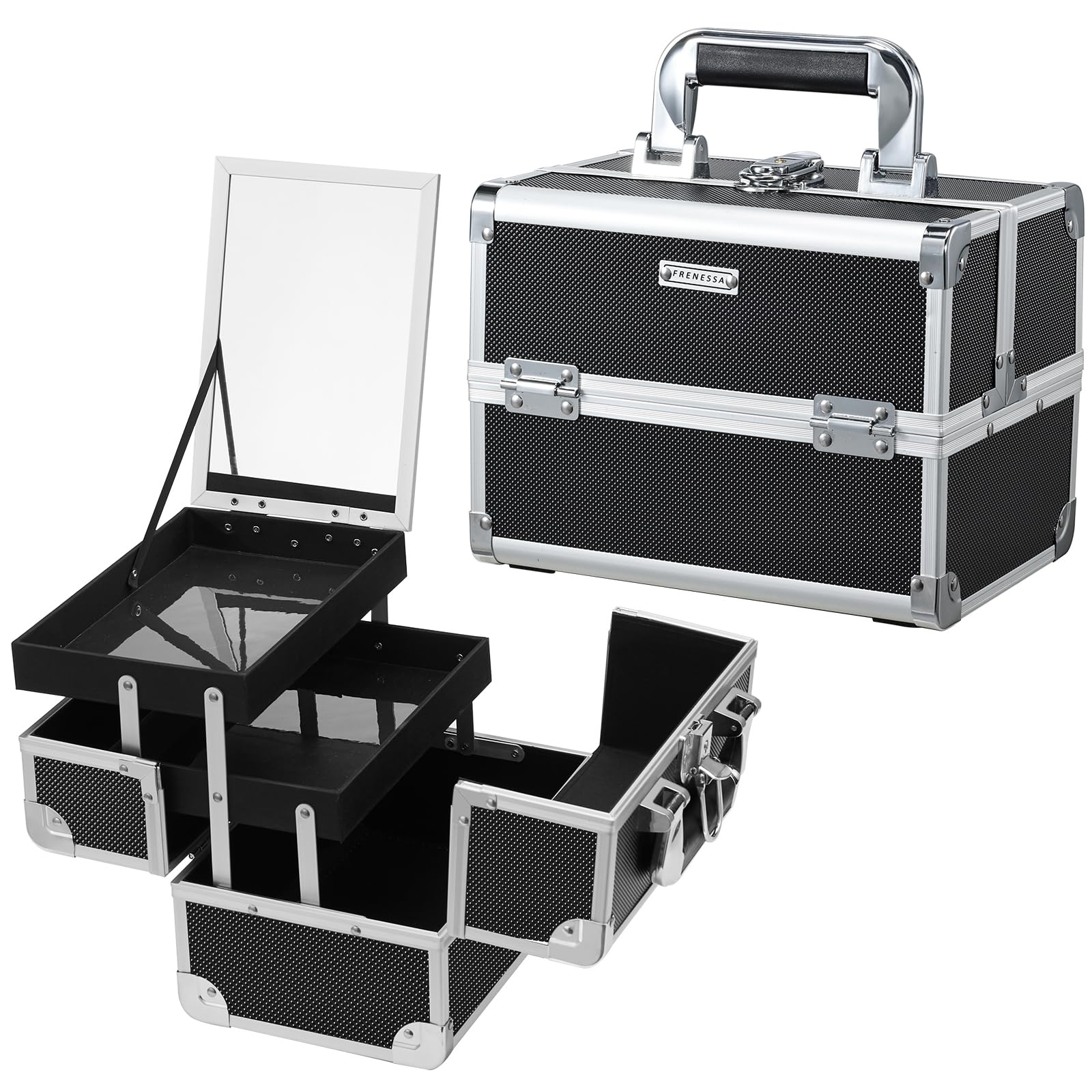 FRENESSA Makeup Case Organizer Cosmetic Box Storage Portable Makeup Train Case with Mirror 2 Trays Travel Vanity Box for Cosmetics Nail Kits Craft Tools Case Aluminum Hard Make Up Organizer Black