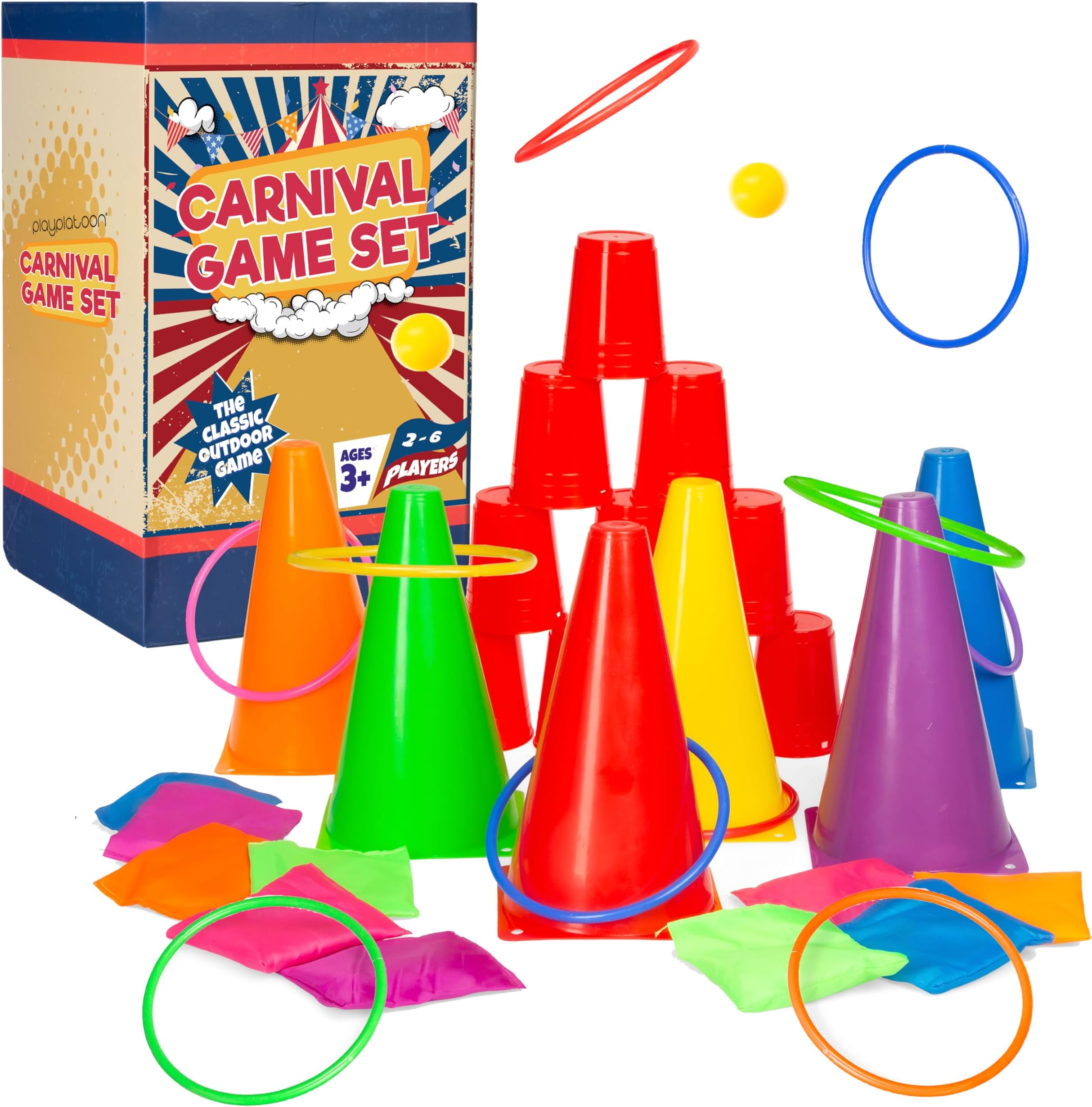 Play Platoon 38 Piece Carnival Games for Kids - Indoor Obstacle Backyard Course, Bean Bag Toss, Ring Toss, Cones, Cups, Games for Kids, Family Party Outdoor Inside