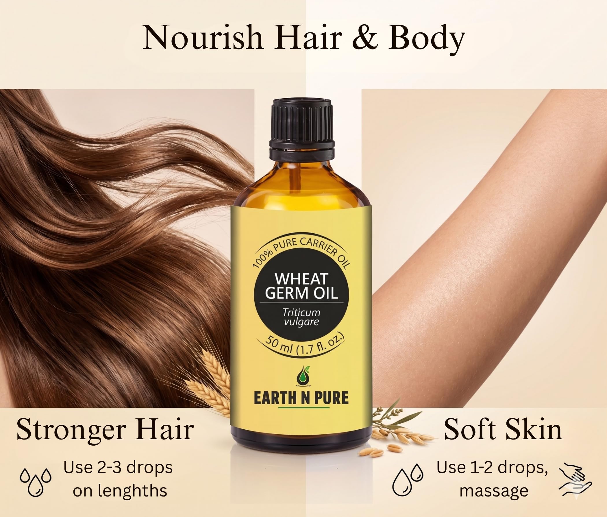Earth N Pure Wheat Germ Oil 100% Pure & Natural Rich in Vitamin E for Skin Care, Hair Growth & Face β Cold Pressed Wheatgerm Oil for Massage, DIY & Aromatherapy- 15ml 3