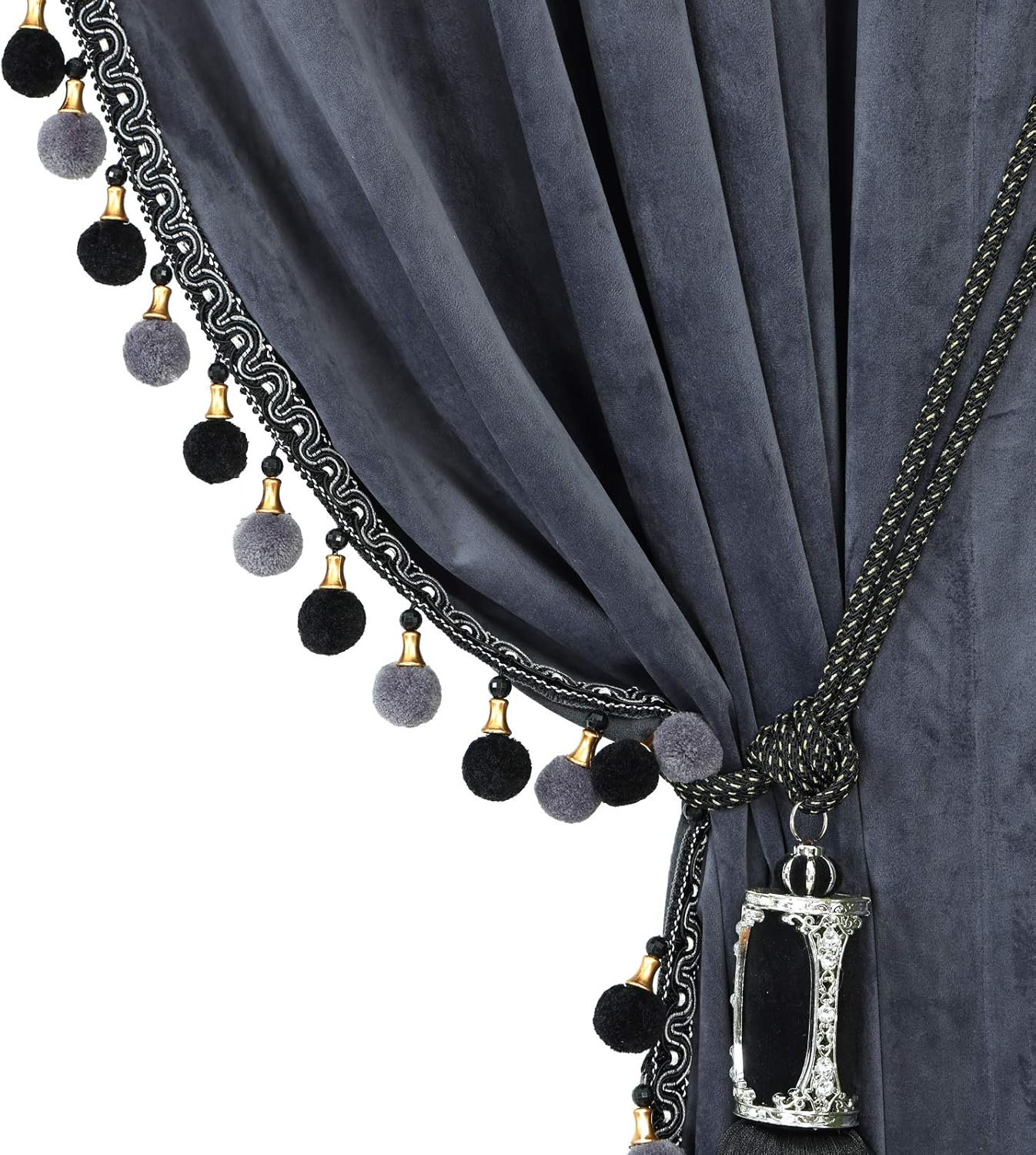 Luxury Pom Poms Curtain for Living Room Blackout Velvet 2 Panels Curtains Set Luxury Tassel Bedroom Curtains (Iron Grey, (50W×96L)×2)