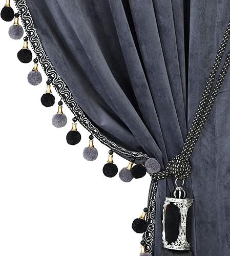 Miniatura 4 de Cortina de lujo para sala de estar de terciopelo opaco, juego de 2 paneles de cortinas de borlas de lujo, cortinas para dormitorio