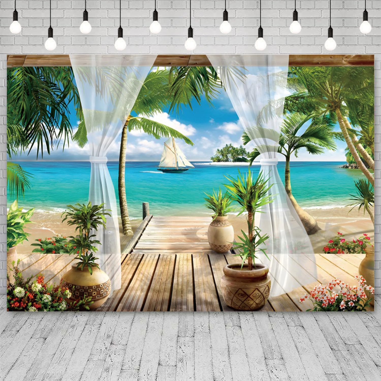 3 x 2,4 m mare tropicale sfondo paradiso spiaggia villa terrazza vista fotografia sfondo palme blu oceano isola barca a vela banner decorazioni estate festa a tema ritratto foto stand puntello