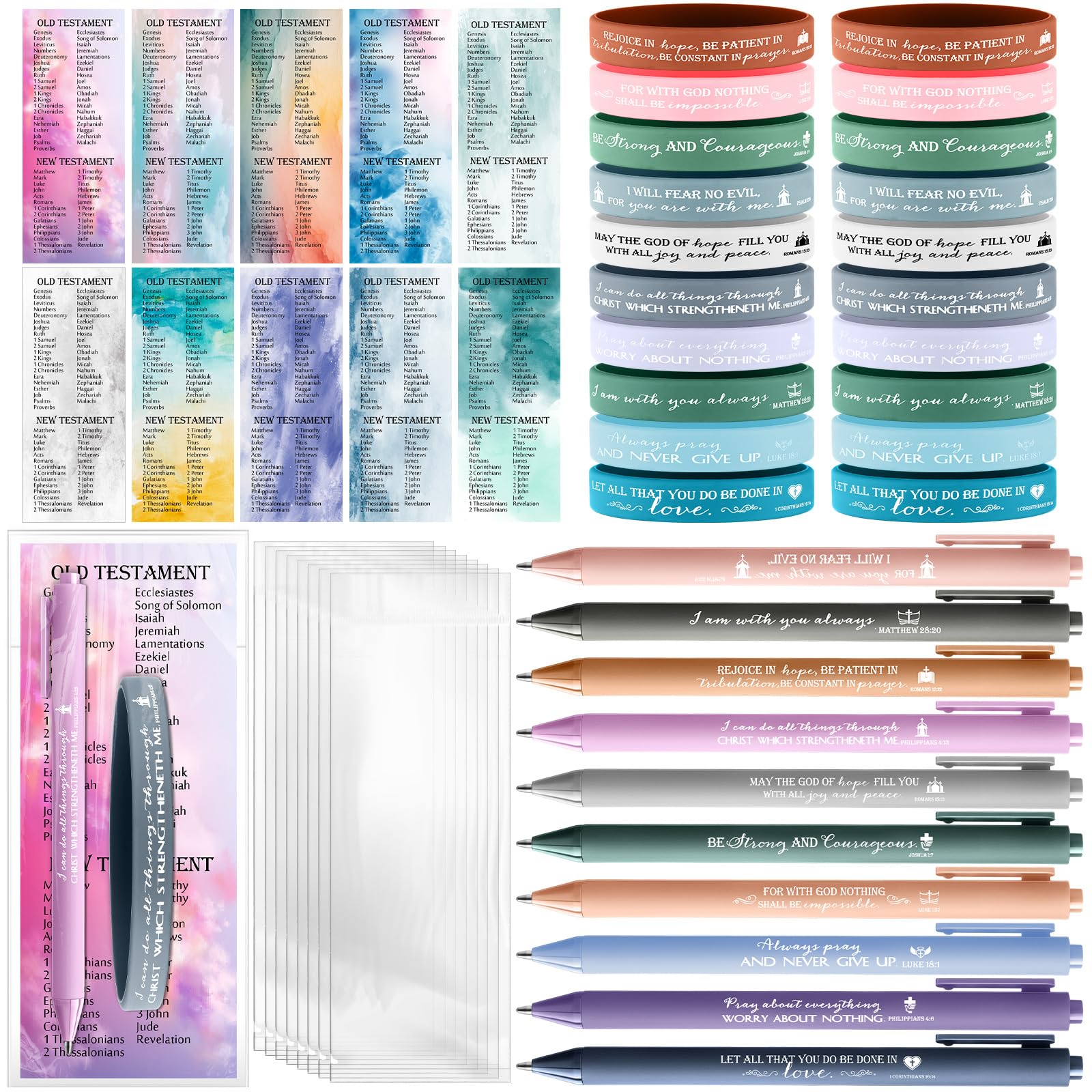 Sayglossy 30 Sets Easter Christian Gift Bulk Bible Verse Ballpoint Pens Christian Bracelets and Scripture Bookmarks for Women Men Church Pastor Clergy