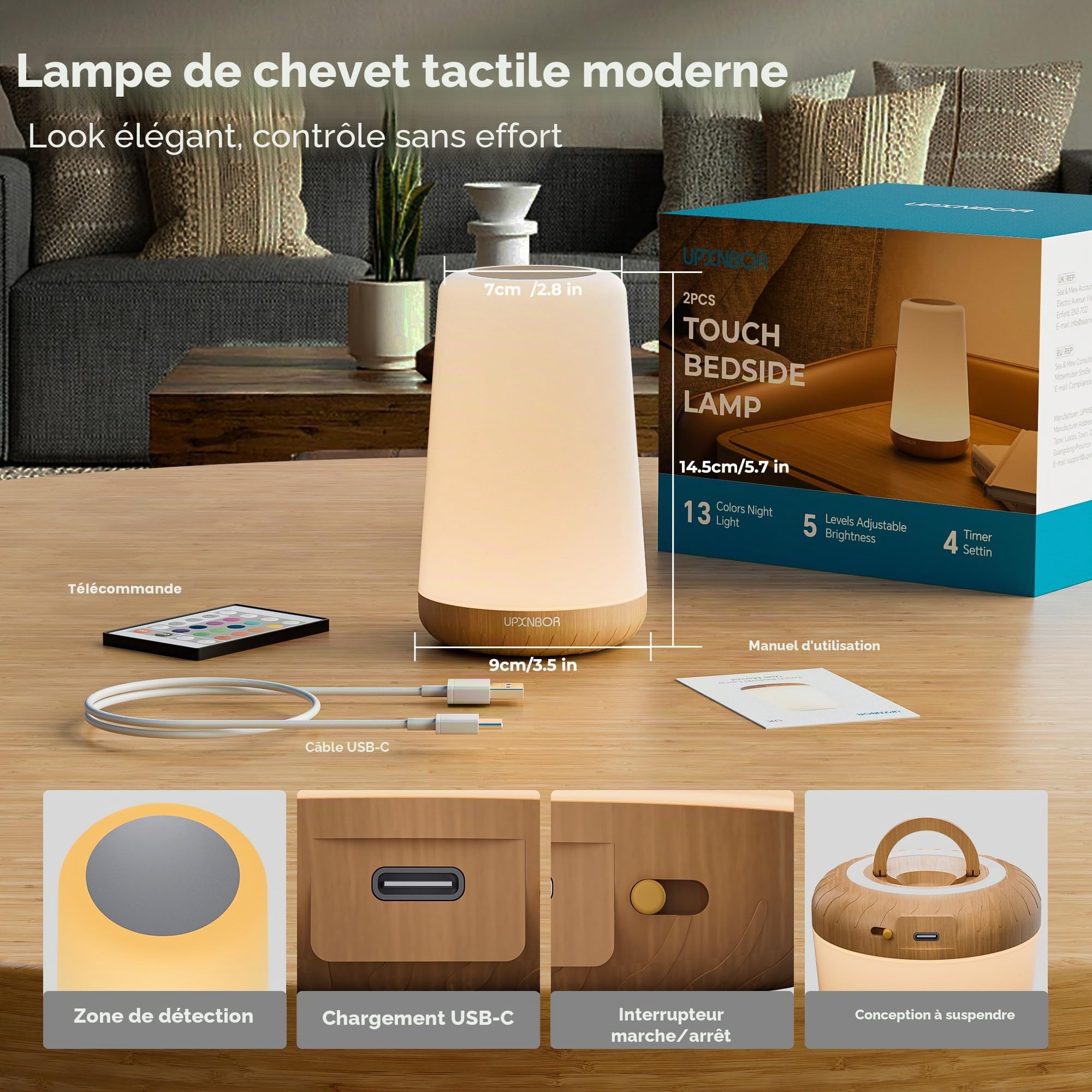 Lot de 2 lampes de chevet LED avec télécommande, intensité variable, 13 couleurs RVB et 4 modes, lampe de table sans fil avec minuterie et crochet, rechargeable par USB, veilleuse portable