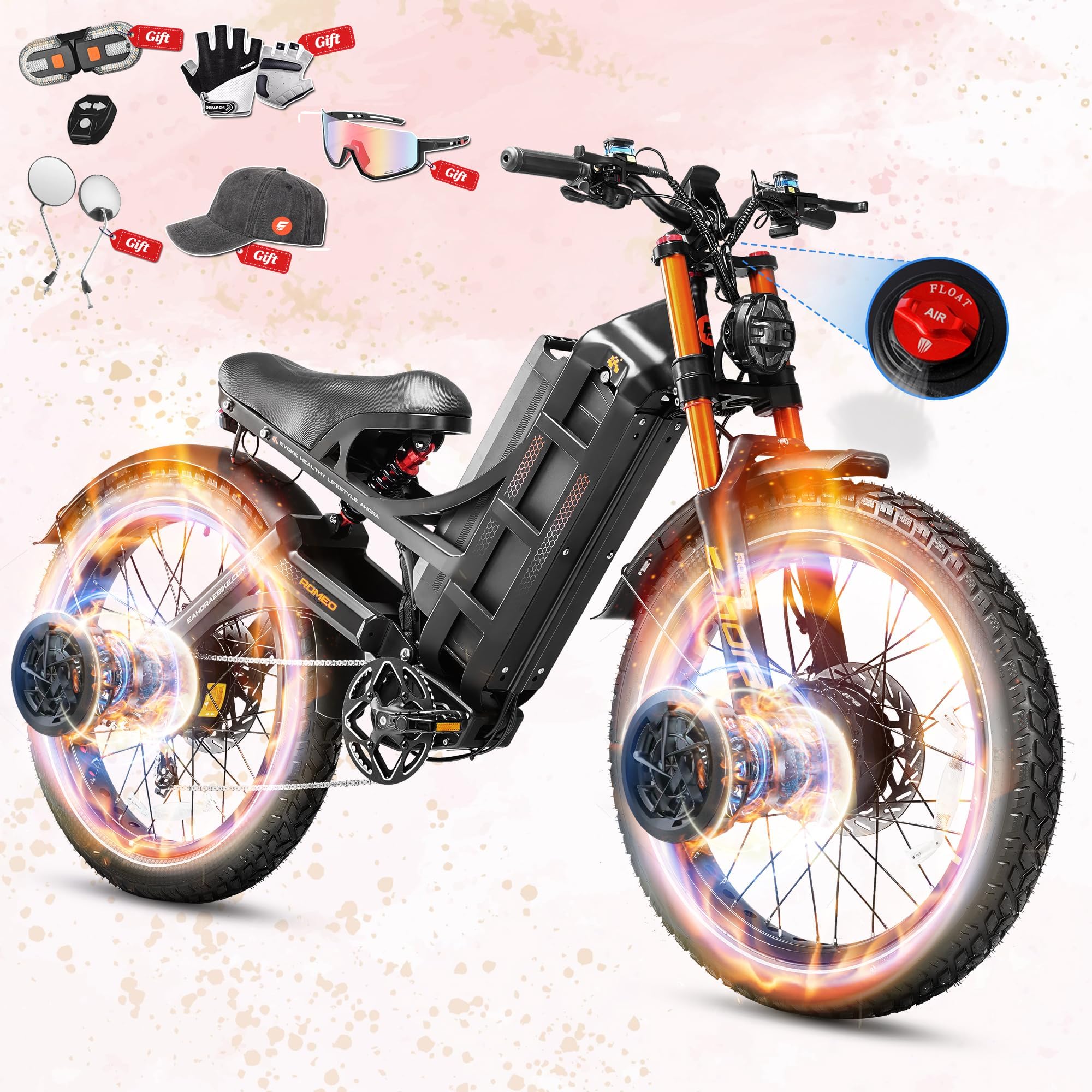 2026 Romeo Pro 3/2 50-46Mph Electric Bike for Adults 5600W/4000W/2500W Dual Motor Ebike 60V/80Ah 52V/70Ah Long Range Fat Tire Full Suspension Electric Mountain Bicycle