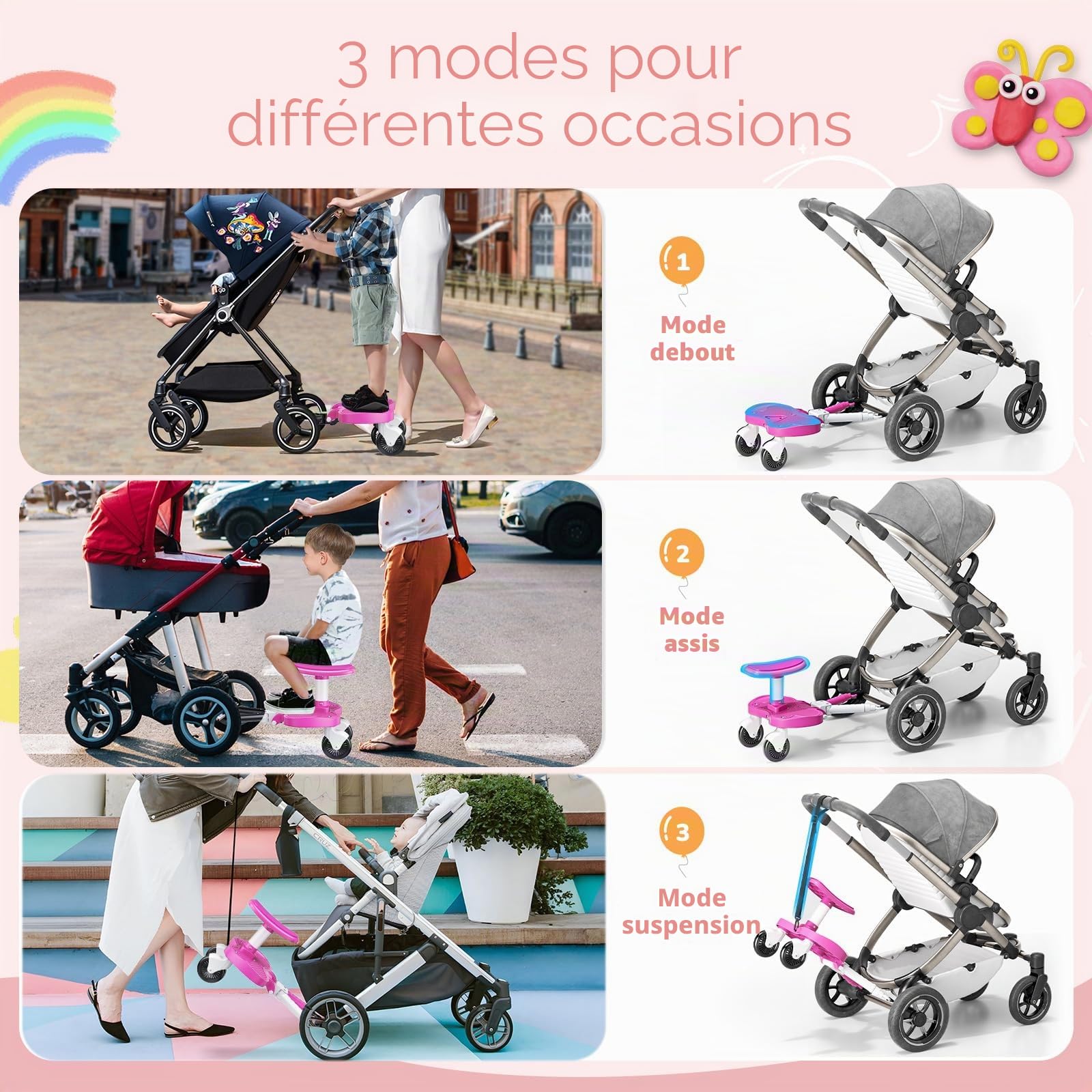 Planche Poussette Universelle Rose, Marche Pied Poussette Universelle avec Siège, Compatible 99% des Poussettes, Planche à Roulettes pour Enfants 2-6 Ans (25KG)