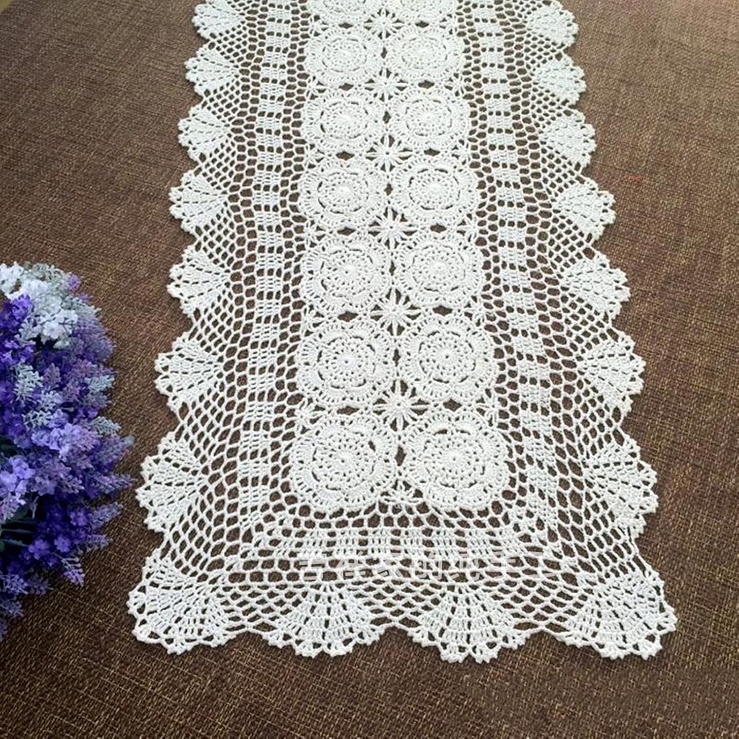 Hsvanyr 15 Inch by 72 Inch Rectangular Cotton Handwork Crochet Lace Table Runner Doilies for Coffee Table Dresser Scarf Centerpieces Décor