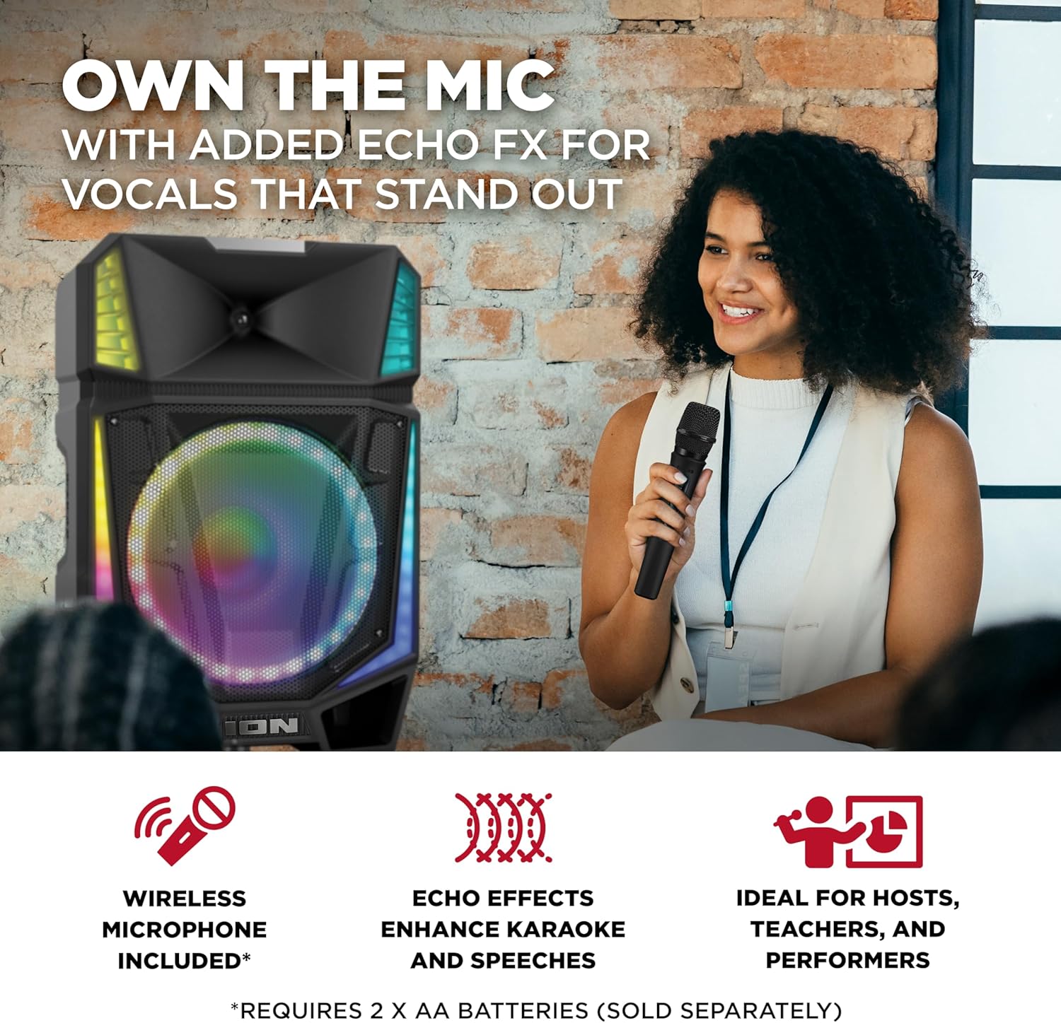 ION Audio Total PA Quake 15-Inch Portable Bluetooth Party Speaker with Wireless Microphone and Stand, Party Lights, Multi-Channel Mixer, USB Playback, App
