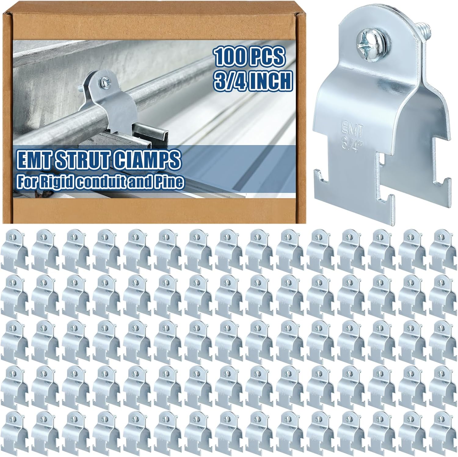 Landhoow 100 Pcs Emt Pipe Universal Strut Clamps Strut Channel Accessory Electro Galvanized Conduit Clamp with Bolt and Nut, Rigid Pipe Tool (3/4 Inch)