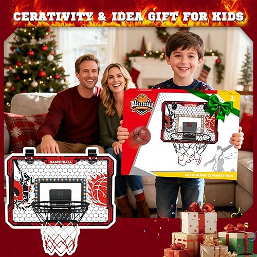 Miniatura 8 de OZMI Aro de baloncesto para interiores para niños, mini aro de baloncesto con bolas de luces, sonido, marcador LED, 2 modos, para colgar en la