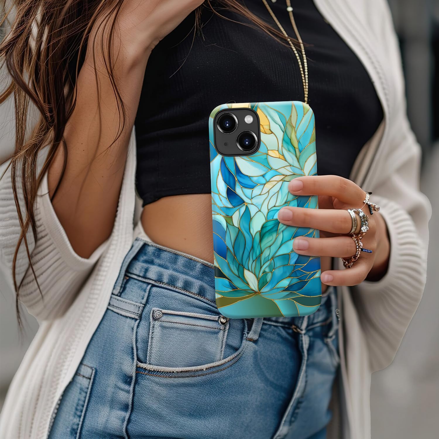 for iPhone 15 Case - Wireless Charging Compatible - Dual-Layer Hard Shell + Silicone Cover - Shockproof Protective Phone Case with Stylish Designs for Women - Blue Leaves Flower - Image 4