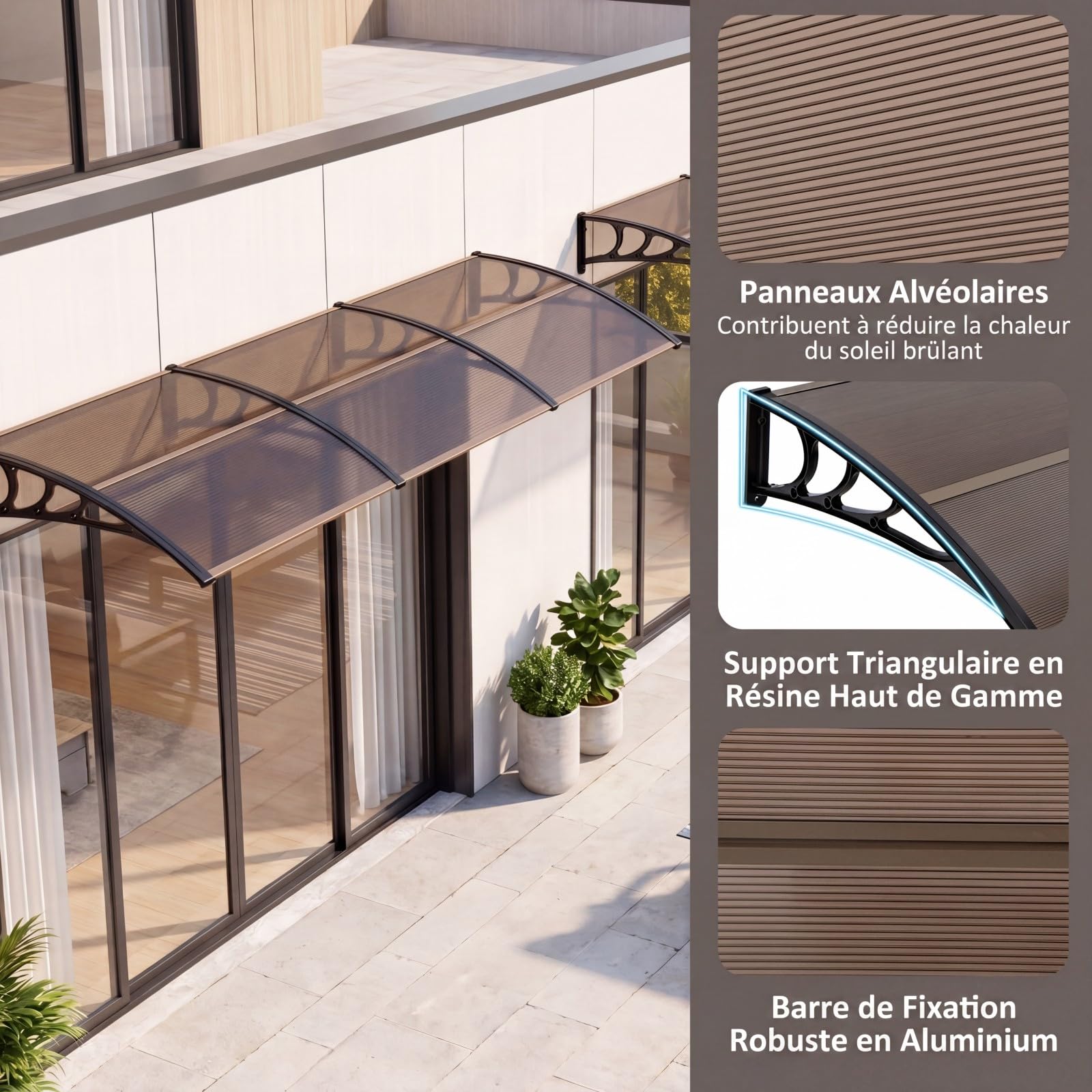 COSTWAY Auvent de Porte d'Entrée 100,5 x 75.5 cm, Marquise de Porte Extérieur en Aluminium, Protection Solaire Contre Pluie, Panneau Double Couche avec Revêtement, pour Fenêtre Café (Brun)