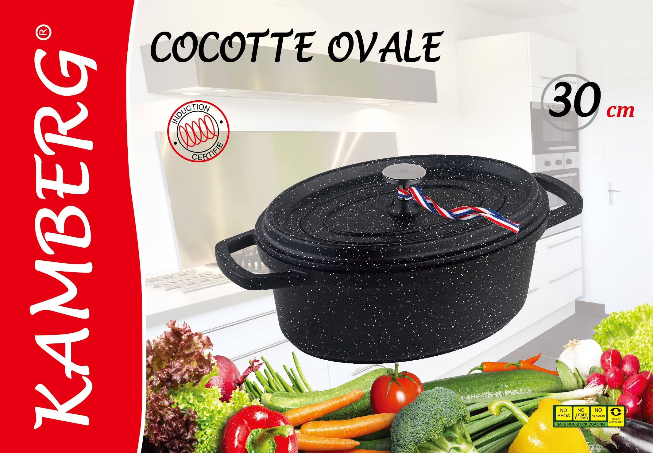 KAMBERG Cocotte, Diametro 30 cm Ovale Nera, Fusione di Alluminio, Rivestimento Effetto Pietra, Compatibile con Tutti i Piani Cottura, Incluso Quello a Induzione, Senza PFOA