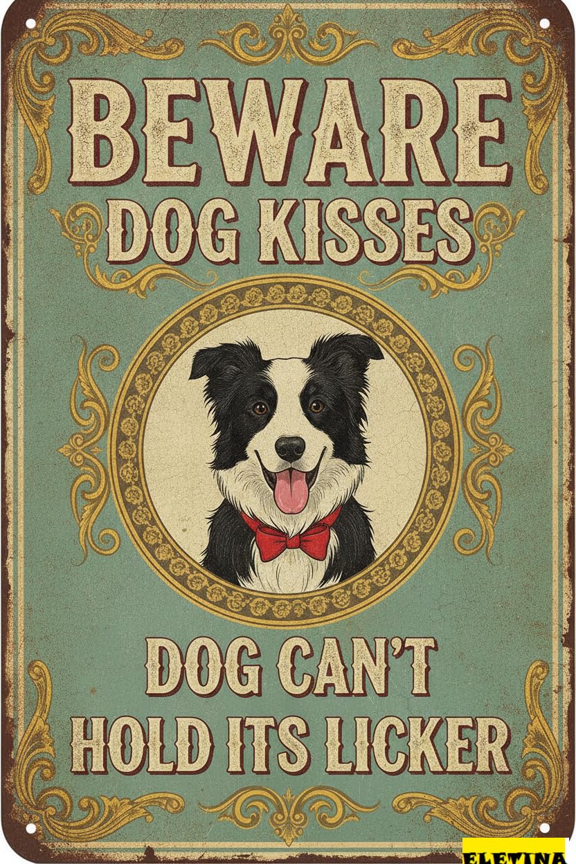 Beware Border Collie Dog Kisses Metal Warning Sign School Bar Street Parking Lot Decor 8x12in
