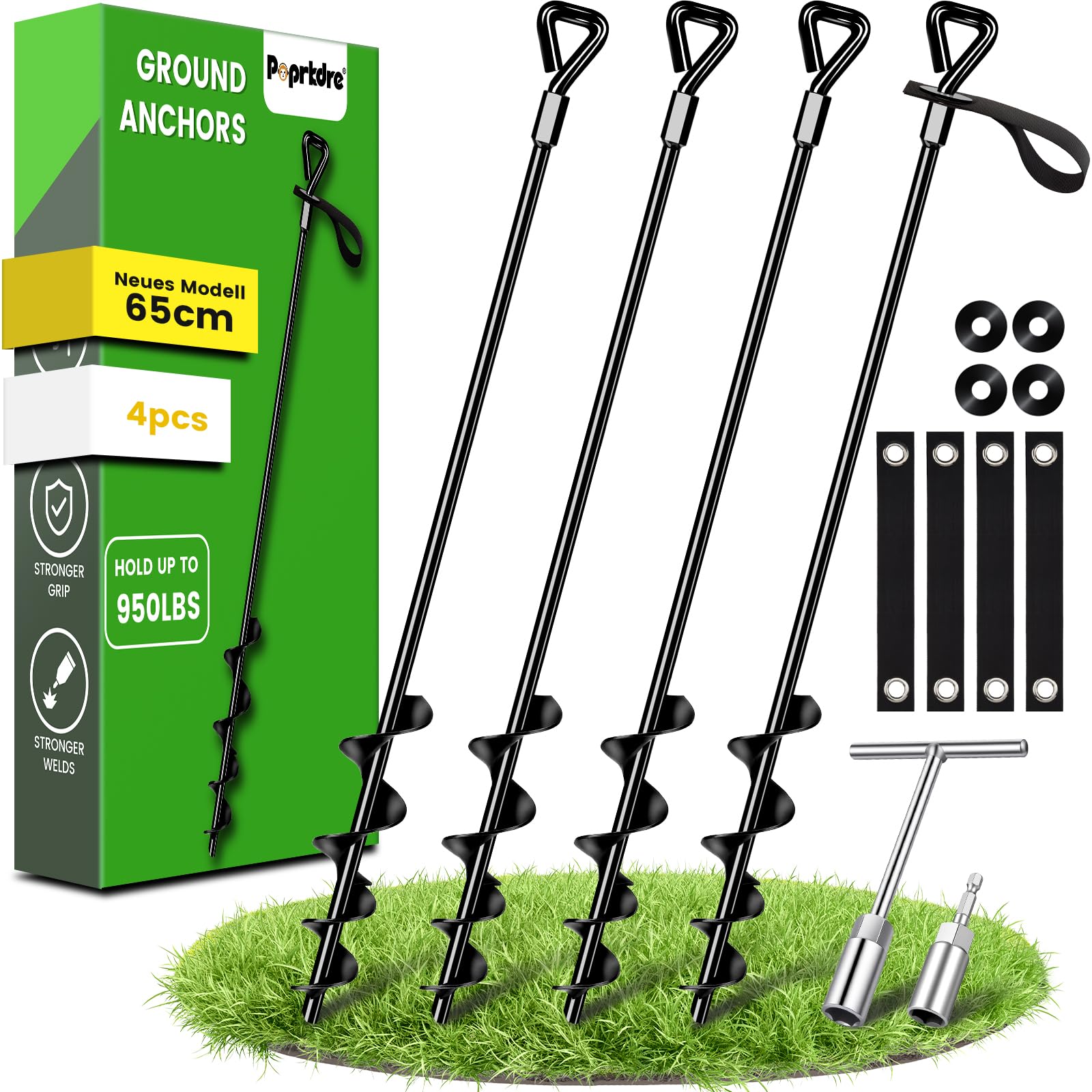 Ancoraggio a terra 65 cm, confezione da 4 ancoraggi Premium Secure Upgrade versione per il fissaggio di castelli gonfiabili, case mobili, gazebo e altri oggetti pesanti
