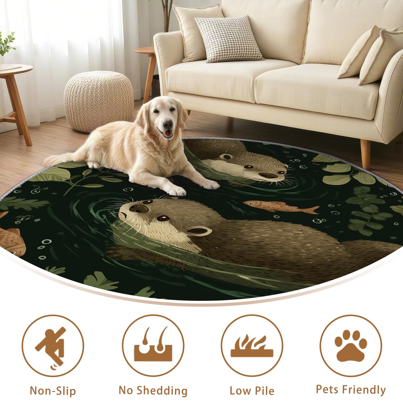 Otter Teppich Rund 120cm Kurzflor - Waschbare Teppiche Wohnzimmer Süße Otter Fisch Kinder Tier - Runder Teppich 120 Durchmesser Kinderzimmer - Bettvorleger rutschfest Weich