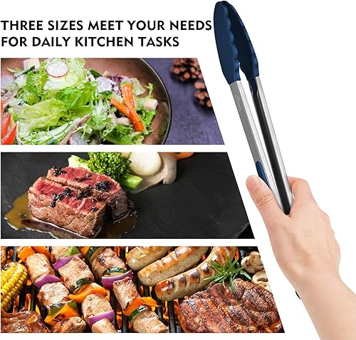 Miniatura 9 de HOTEC Pinzas de cocina de acero inoxidable de alta calidad con puntas de silicona, juego de 3-7, 9 y 12 pulgadas (azul degradado)