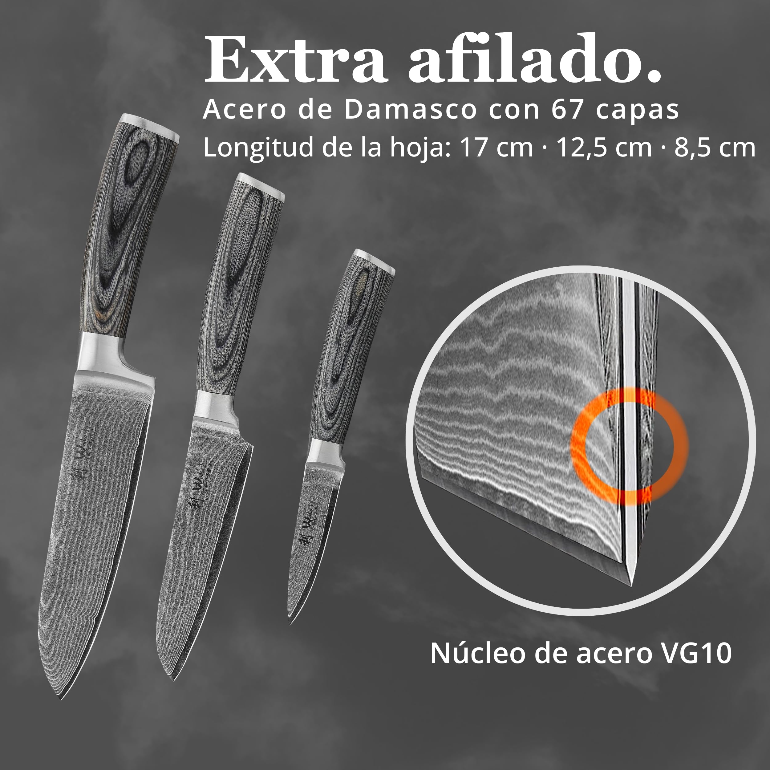 Wakoli Edis juego de 3 cuchillos de cocina de acero de damasco con núcleo VG10, caja de madera, 2 cuchillos Santoku y cuchillo pelador, hojas de 17 cm, 12,5 cm y 8,5 cm, mango Pakka
