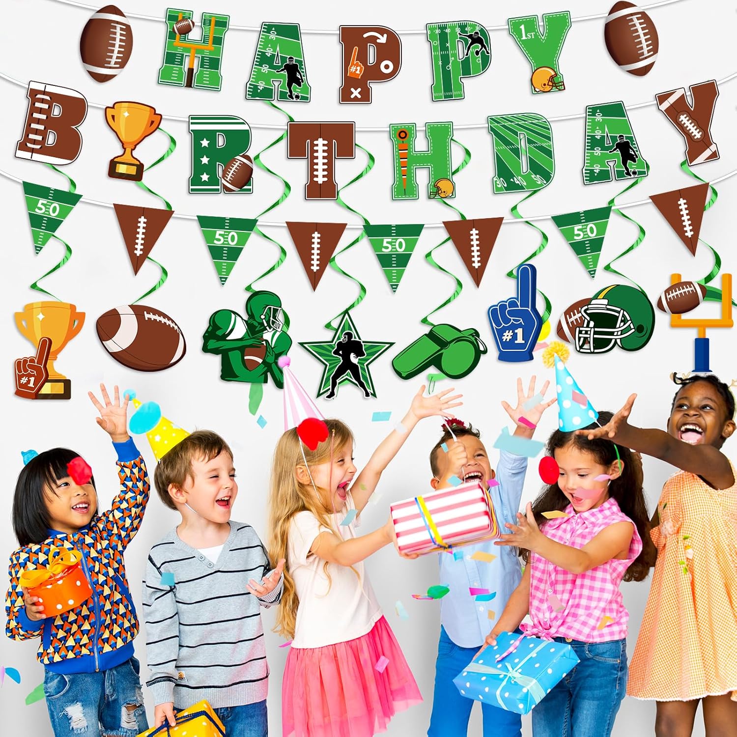 Football Birthday Banner and Swirls Decorations Rugby Party Bunting Ceiling Streamers Supplies Sports Theme Pennant Decors for Kids Birthday, Team Celebration and Tailgate Party