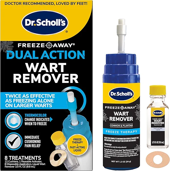 Dr Scholl's Dual Action Freeze Away Wart Remover, 8 ct – Twice as Effective as Freezing Alone on Larger Warts, Fast-Acting Treatment for Common and Plantar Wart Removal, Safe to Use on Kids Ages 4+